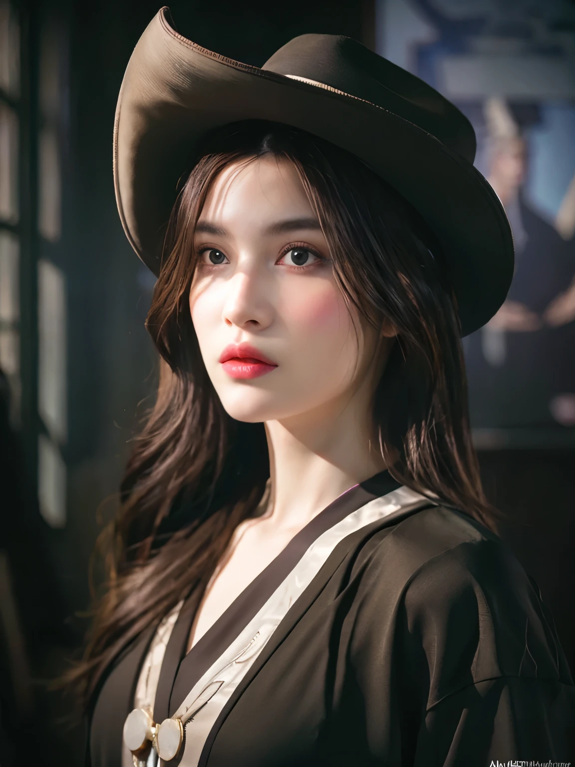 Hyperrealist photorealistic of female by david hockney and alphonse mucha,fantasy art, photo realistic, dynamic lighting, artstation, poster, volumetric lighting, very detailed faces, 4 k, award winning,, 1girl, in the dark, deep shadow, low key,cowboy shot,(official clothing:1.4) ,long hair,white hair,