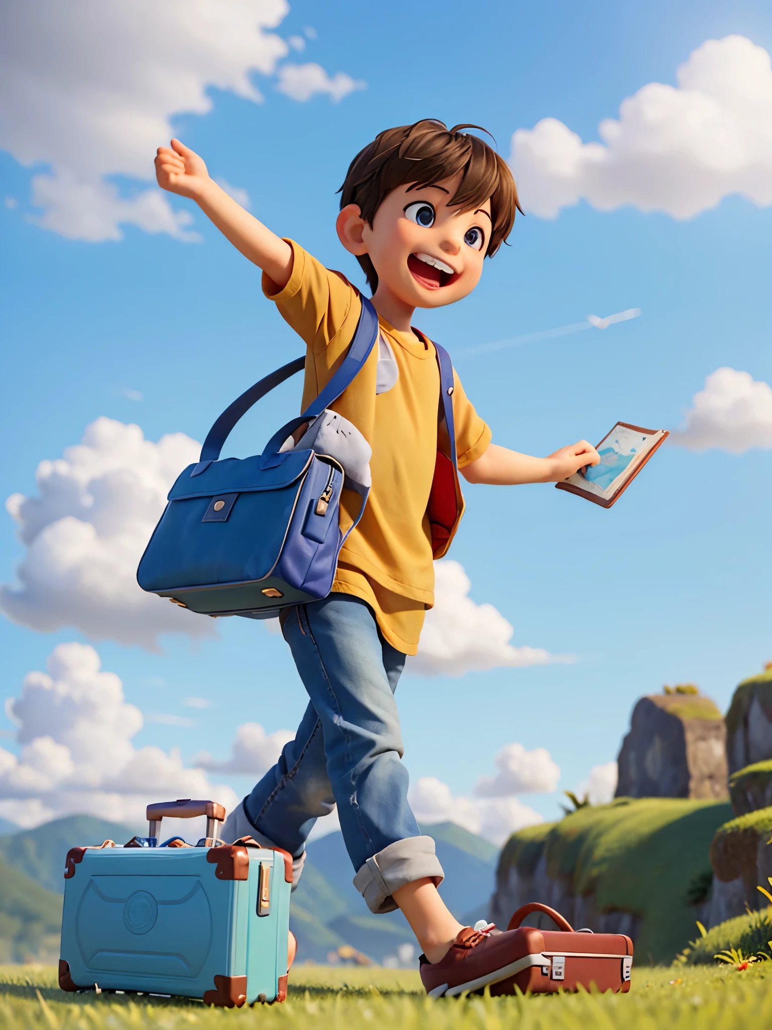 a ,laughing out loud,Pulling the suitcase,(Look at the map),carrying a bag,grassland,hills,Blue sky and white clouds,