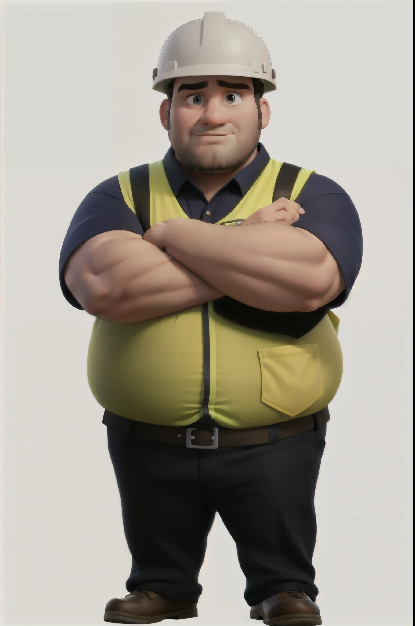 Serious-faced, unshaven fat man wearing high-visibility work uniform