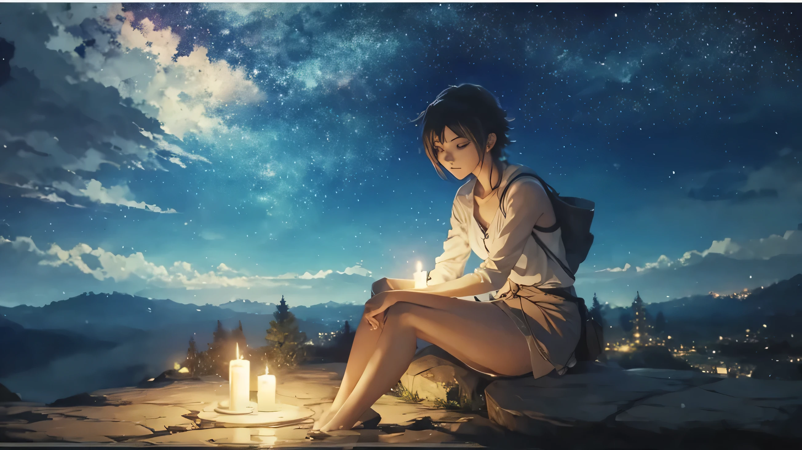 There is a woman sitting on a rock with a candle in her hand, anime style. 8k, ( ( Makoto Shinkai ) ), anime style 4 k, Produced at Anime Artist Studio, gro anime screenshot, Opening of the anime, makoto shinkai cyril rolando, pixiv style, Drawn at Anime Painter Studio, anime wallpaper, great anime