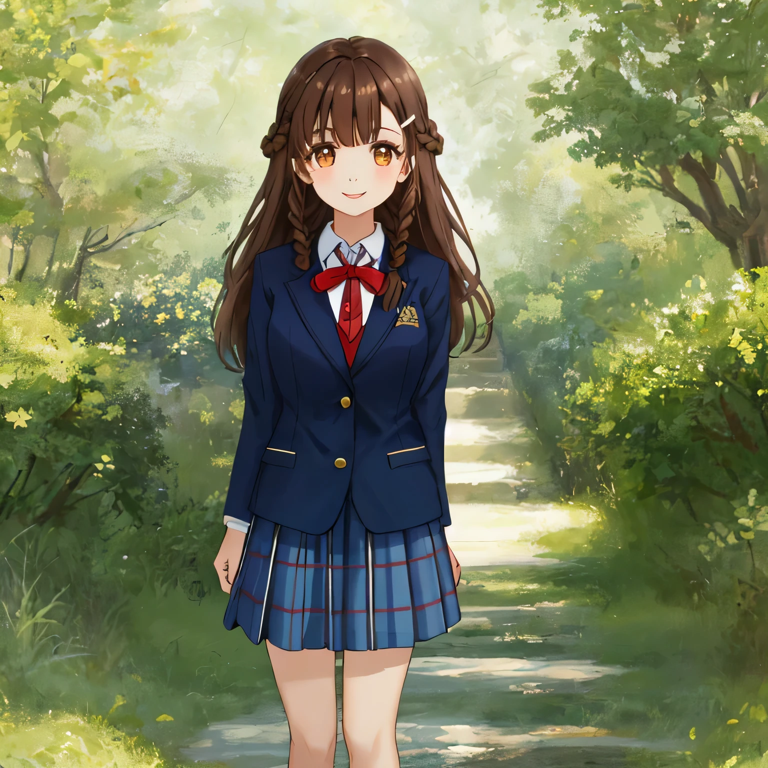 highest quality, (masterpiece:1.2), very detailed, Standing figure of a girl looking at the viewer and smiling, Glossy lips that make you want to kiss, nice smile, brown eyes, (((very long dark brown hair))), , big shiny hair clip, school uniform, Dark blue and navy plaid skirt, middle long skirt, white shirt, A luxurious navy blazer with a golden emblem on the left chest, big school ribbon tie, very shiny hair、laughter、bright look、The light makes my face and hair shine, The corners of the eyes are drooping, cute braids, I'm so happy I can jump up, The expression of a maiden in love, The long skirt fabric has a beautiful deep blue checkered pattern., A gentle and cute expression staring at the viewer, double eyelid, ((long eyelashes)), ((Long lower eyelashes too)) ((the knees are hidden by the skirt)), pure white background
