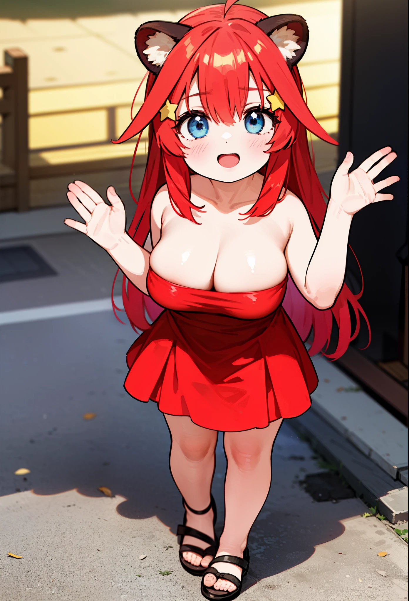 Satsuki Nakano, Itsuki Nakano, bangs, blue eyes, hair between eyes, Ahoge, redhead, star \(symbol\), hair ornaments, smile,blush,star hair ornaments,animal ears Raccoon ears,animal tail raccoon dog caudal fin,naked neck,bare clavicle,bare shoulders,big breasts,red official shoulder dress,long skirt,very sandals,turn around,city,Walking outdoors, city
壊す (masterpiece:1.2), highest quality, High resolution, unity 8k wallpaper, (shape:0.8), (beautiful and detailed eyes:1.6), highly detailed face, perfect lighting, Very detailed CG, (perfect hands, perfect anatomy),