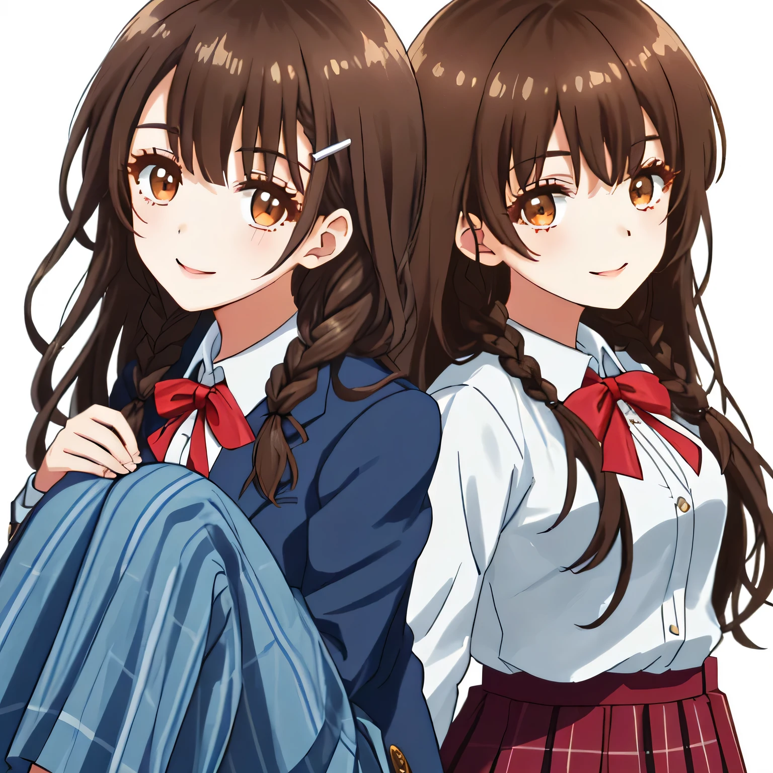 highest quality, (masterpiece:1.2), very detailed, Standing figure of a girl looking at the viewer and smiling, Glossy lips that make you want to kiss, nice smile, brown eyes, (((very long dark brown hair))), , big shiny hair clip, school uniform, Dark blue and navy plaid skirt, middle long skirt, white shirt, A luxurious navy blazer with a golden emblem on the left chest, big school ribbon tie, very shiny hair、laughter、bright look、The light makes my face and hair shine, The corners of the eyes are drooping, cute braids, I'm so happy I can jump up, The expression of a maiden in love, The long skirt fabric has a beautiful deep blue checkered pattern., A gentle and cute expression staring at the viewer, double eyelid, ((long eyelashes)), ((Long lower eyelashes too)) ((the knees are hidden by the skirt)), pure white background