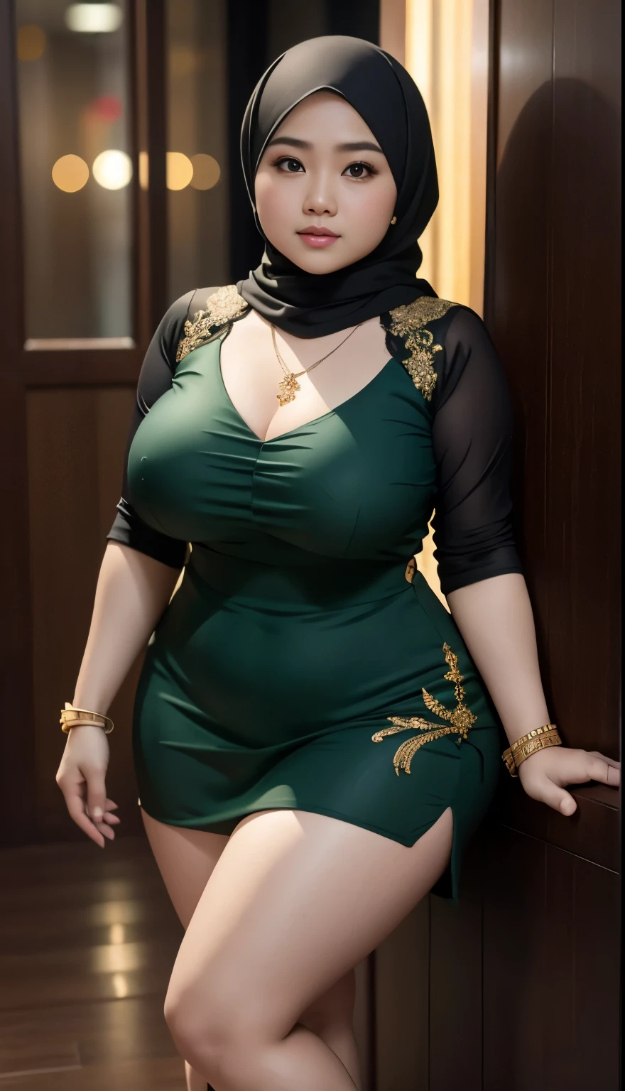 1 malay girl, modern plain hijab, shy, medium portrait, watery eyes, wearing dark green kebaya, ((big breasts)), black bokeh background, well-proportioned body,, chubby massive thighs, full body pose, wearing a necklace , wearing 10 bracelet , wearing a sneaker