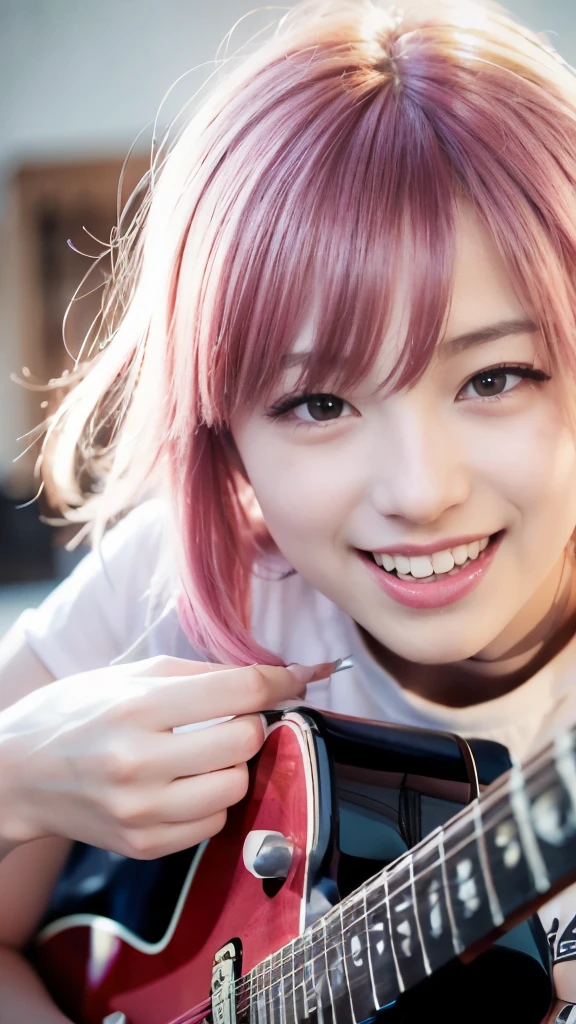 Close-up、face、(laughter:1.5),(facing the front:1.2),  18-year-oldの女性,(high top fade:1.3), 18-year-old, teenage girl,no tail,(no tail),2D, masterpiece, highest quality, and soul, detailed eye, 詳しいface, with a girl, only one person,pink hair ミディアムヘア, (pink hair),  ear hair, , single blade, (single blade), (side blade), (Playing the Red Electric Guitar, 6 strings), dark theme, calm colors, high contrast, (Tuttos skin texture, hyper realism, soft light, sharp), psychedelic t-shirt,
