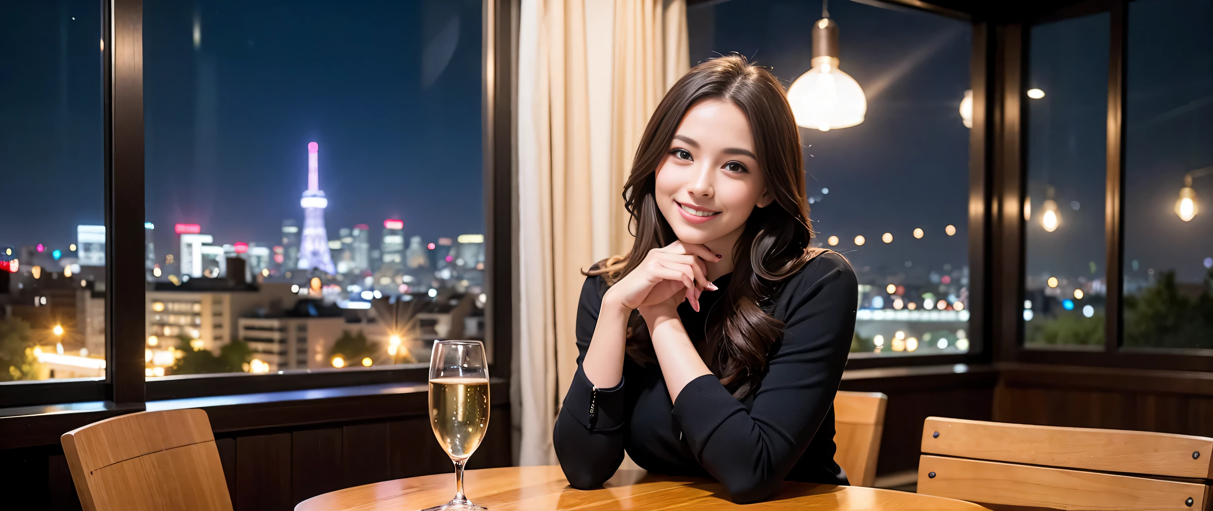 64k, Hmm, highest quality, masterpiece: 1.2), (realistic, photorealistic: 1.37), Super detailed, 3 slim beauties, (slim face),Happy、 the best smile、Fox face、Berry Short、(because I'thin), (brown hair), (shortcut), long sleeve shirt、winter fashion、Colombian、Brazilian、Japanese、Dutch、German、Portuguese、Belgian、Italian、French,Champagne、sparkling wine、 (gush out), (slim body), (brown hair), (shortcut), neat beauty、cheeks turn a little red, (35 years old), 38 years old, alone, A beautiful and detailed night view spreads out outside the window...., restaurant, wine glass is sitting, At night, in a prominent place (from the Upper body) nova frog style, actress, model, Upper body, White wine, slim, wine glass, Very beautiful night view, wine glass Put in the Middle, Happy smile, (smile: 1.15),
