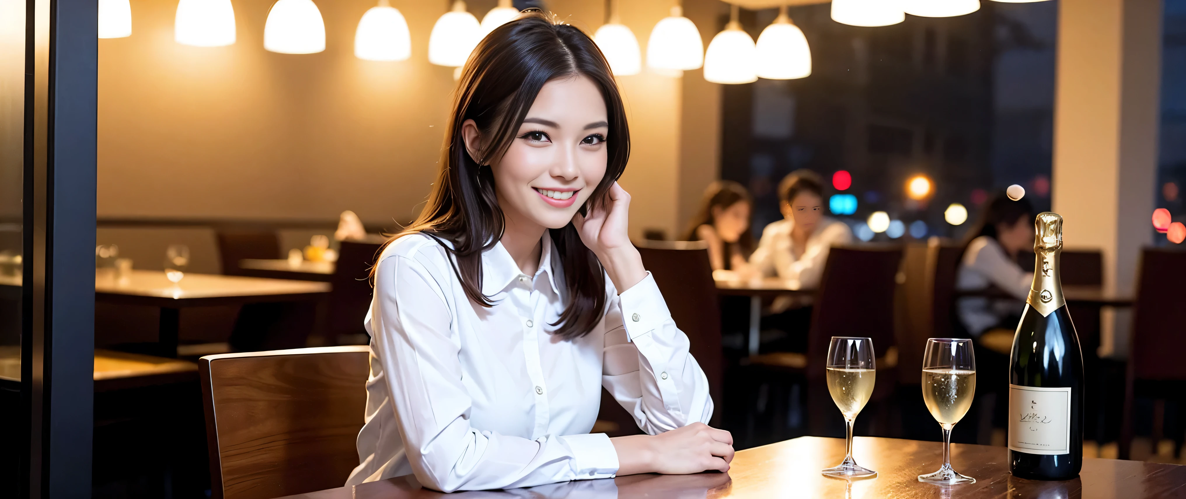 64k, Hmm, highest quality, masterpiece: 1.2), (realistic, photorealistic: 1.37), Super detailed, 3 slim beauties, (slim face),Happy、 the best smile、Fox face、Berry Short、(because I&#39;thin), (brown hair), (shortcut), long sleeve shirt、winter fashion、Colombian、Brazilian、Japanese、Dutch、German、Portuguese、Belgian、Italian、French,Champagne、sparkling wine、 (gush out), (slim body), (brown hair), (shortcut), neat beauty、cheeks turn a little red, (35 years old), 38 years old, alone, A beautiful and detailed night view spreads out outside the window...., restaurant, wine glass is sitting, At night, in a prominent place (from the Upper body) nova frog style, actress, model, Upper body, White wine, slim, wine glass, Very beautiful night view, wine glass Put in the Middle, Happy smile, (smile: 1.15), 