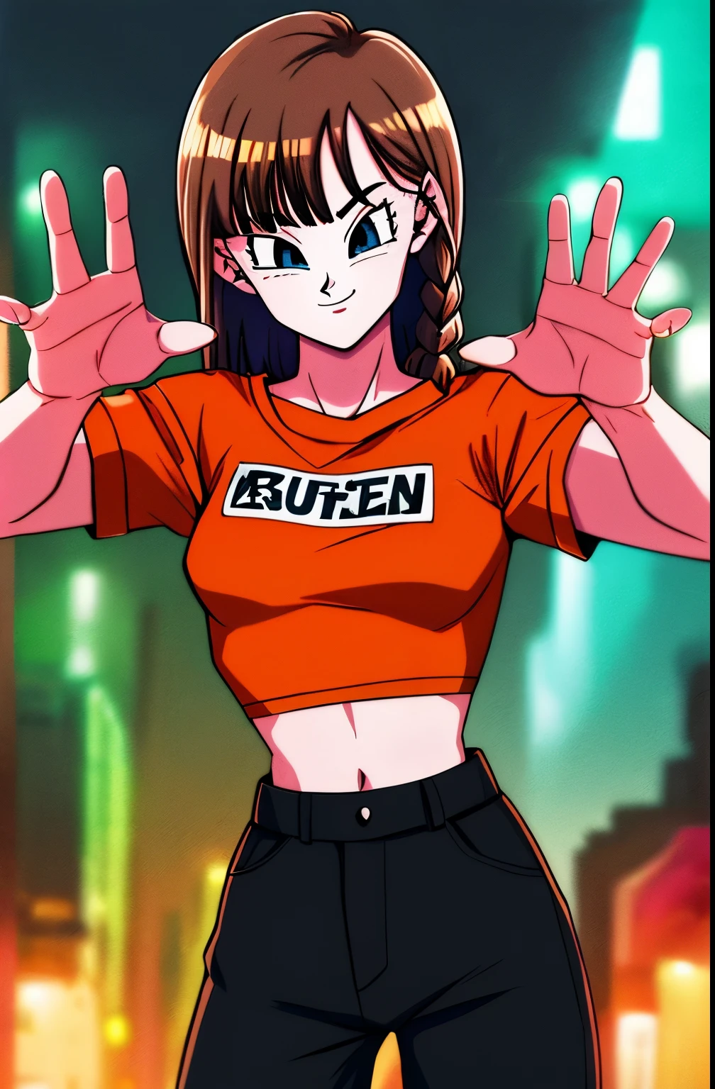masterpiece, best quality, highres, dragon ball, blmmid, ((brown hair)), braided hair, long bangs, medium breasts, orange shirt, black pants, cowboy shot, in a Cyberpunk city, bustling with neon signs, standing, upper body, ((midriff)), saying goodbye with the hand pose, happy face, smile.