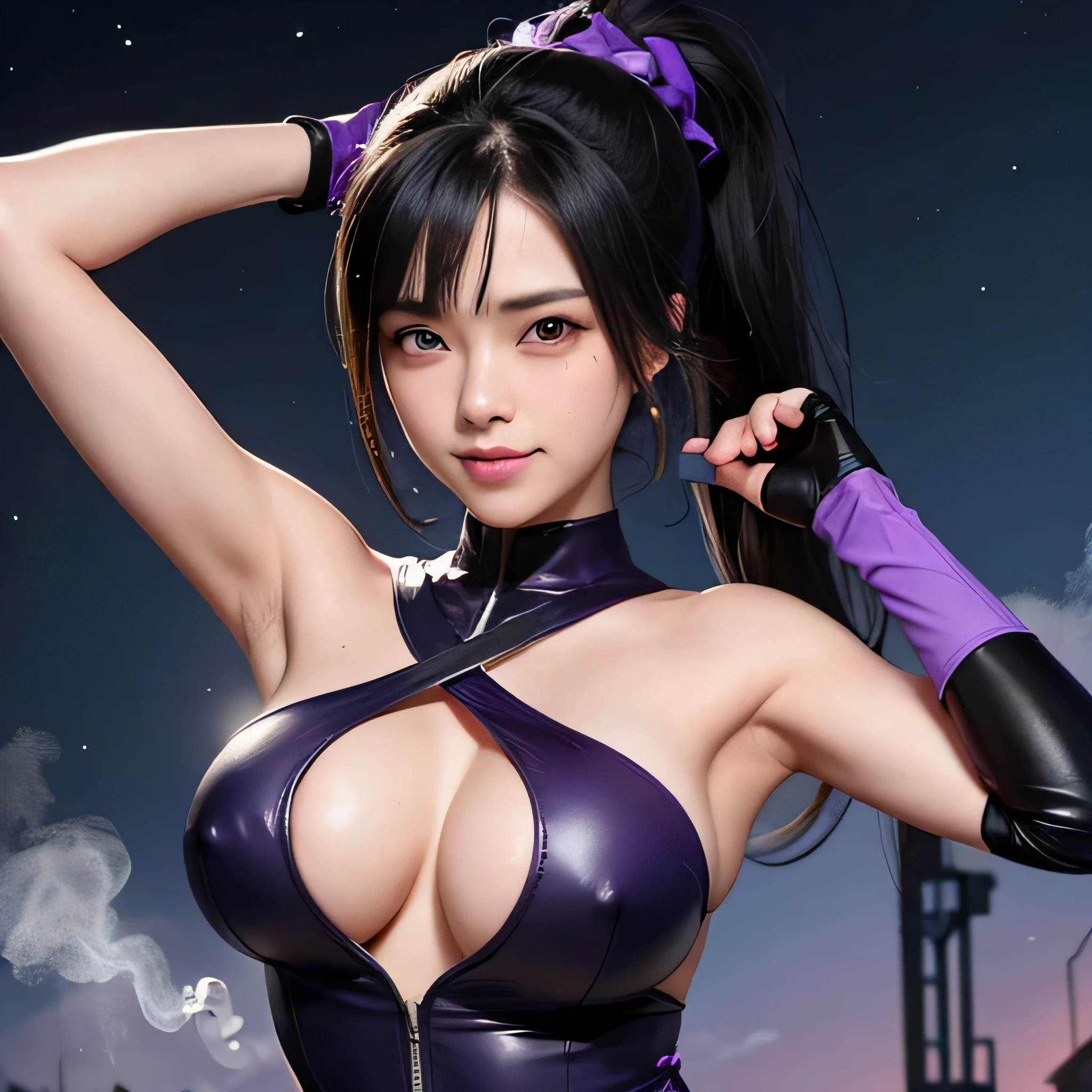 ((masterpiece)), ((highest quality)), ((super detailed)), 1 girl, ponytail, black hair, long hair, night sky, purple leotard, elbow bag, purple gloves, ninja mask, purple knee high boots, , covered  , looking at the viewer,  shoulders, Perfect for your skin, outdoors, blush all over the face, focus on the side, Upper body, Raise the hand, vapor, Sweat, vaporing body, with an evil smile,