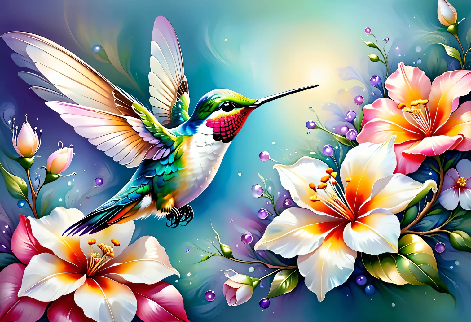 The art of painting on silk, batik, hand painted silk, 1 bright hummingbird with two wings drinks nectar from a flower, High detail, Texture smoothing, pearlescent silk shine, pearlescent color palette, centered focus, depth of field, Smooth transitions, blurry outlines, colors with pearlescent shades, fog effect around the edges of the image