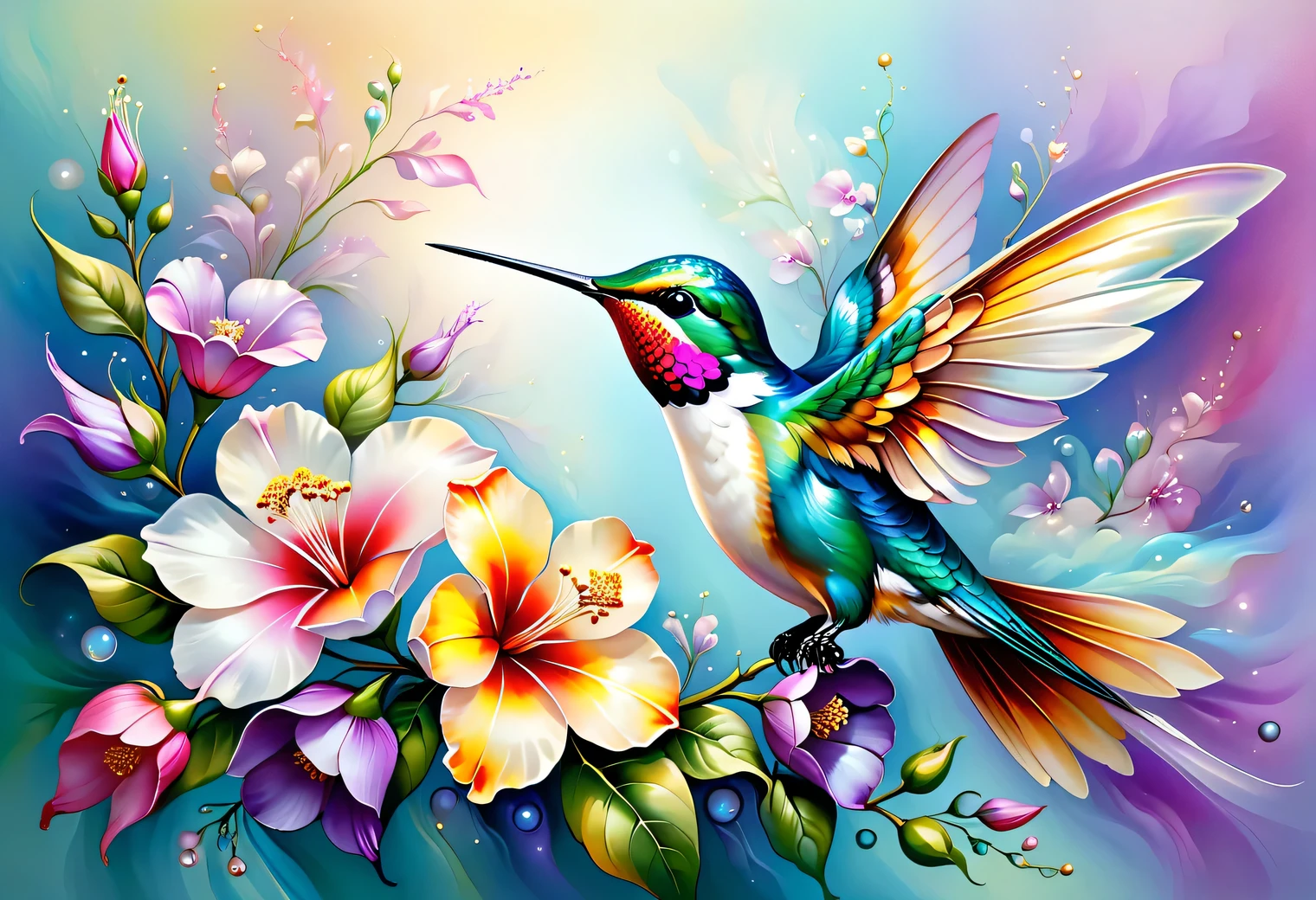 The art of painting on silk, batik, hand painted silk, 1 bright hummingbird with two wings drinks nectar from a flower, High detail, Texture smoothing, pearlescent silk shine, pearlescent color palette, centered focus, depth of field, Smooth transitions, blurry outlines, colors with pearlescent shades, fog effect around the edges of the image