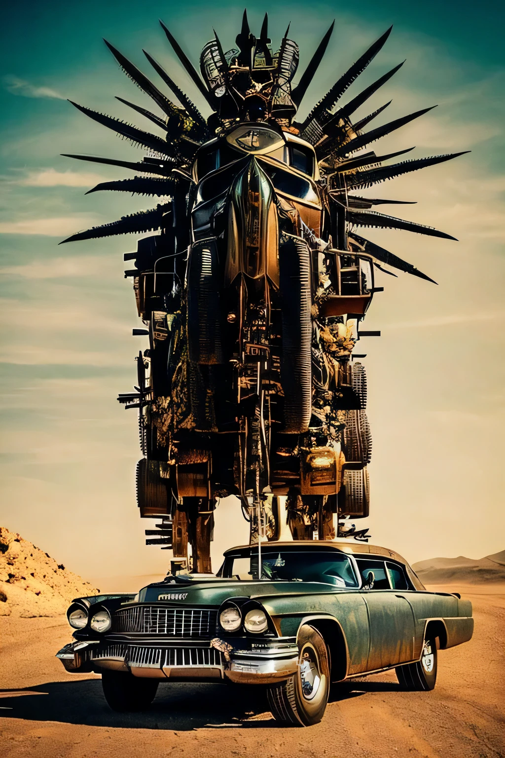 faithful image of an old rusty 1955 cadilac eldorado with spikes and spikes on the hood, military style with modifications, carro steampunk, dramatic art, estilo de arte dieselpunk, apocalyptic road warrior vibe, uma garota (Margot Robbie) wearing sunglasses is inside the car, A garota&#39;the face is dirty with grease, Arte digital surreal, Mad Max inspirado, heavy metallic artwork, simetria da face cromada, arte Steampunk digital, It&#39;s not the Mad Max style, metallic art, It&#39;s not Filip Hodas&#39; art style, arte digital steampunk, dieselpunk, em um mundo hightech
