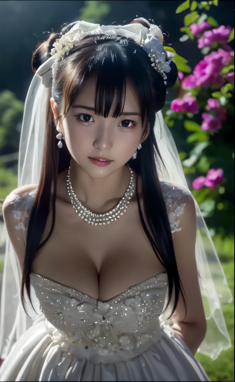 (((Pixel perfect, Perfect details))), alone, 1 girl，bride, yuigahama yui,  美丽bride穿美麗婚紗的特写,Gurwitz, (((bride頭紗)))，（transparent short veil），blush，eye shadow，Blushing face，Head flower，headgear，((bouquet))，((((tube top wedding dress))))，(((strapless wedding dress))),(bare shoulders)，pure white dress，(necklace)，((earrings))，(large breasts:1.3)，Bangs，lipstick，((White long elbow gloves)),Half-length photo,High-detail RAW color art,White long skirt,There is a railway track next to it，(standing on the railroad tracks:1.3),18 years old, （long twintails：1.5）,(double bun:1.5), black hair,