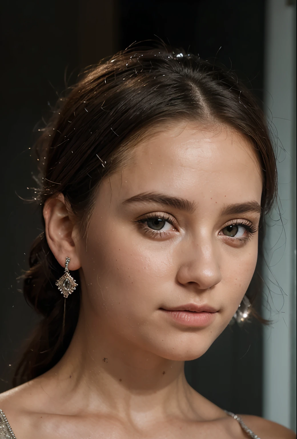 (chef-d&#39;artwork, best quality), intricate details, realistic, photorealistic, a close up of a woman wearing boucle d&#39;oreilles, inspired by Emma Andijewska, draped with crystals, couleur argent, long boucle d&#39;oreilles, Sandra Chevier, huge boucle d&#39;oreilles, 2019, aux yeux vert, bijoux en platine, boucle d&#39;oreille, structure impeccable, silver boucle d&#39;oreille,  