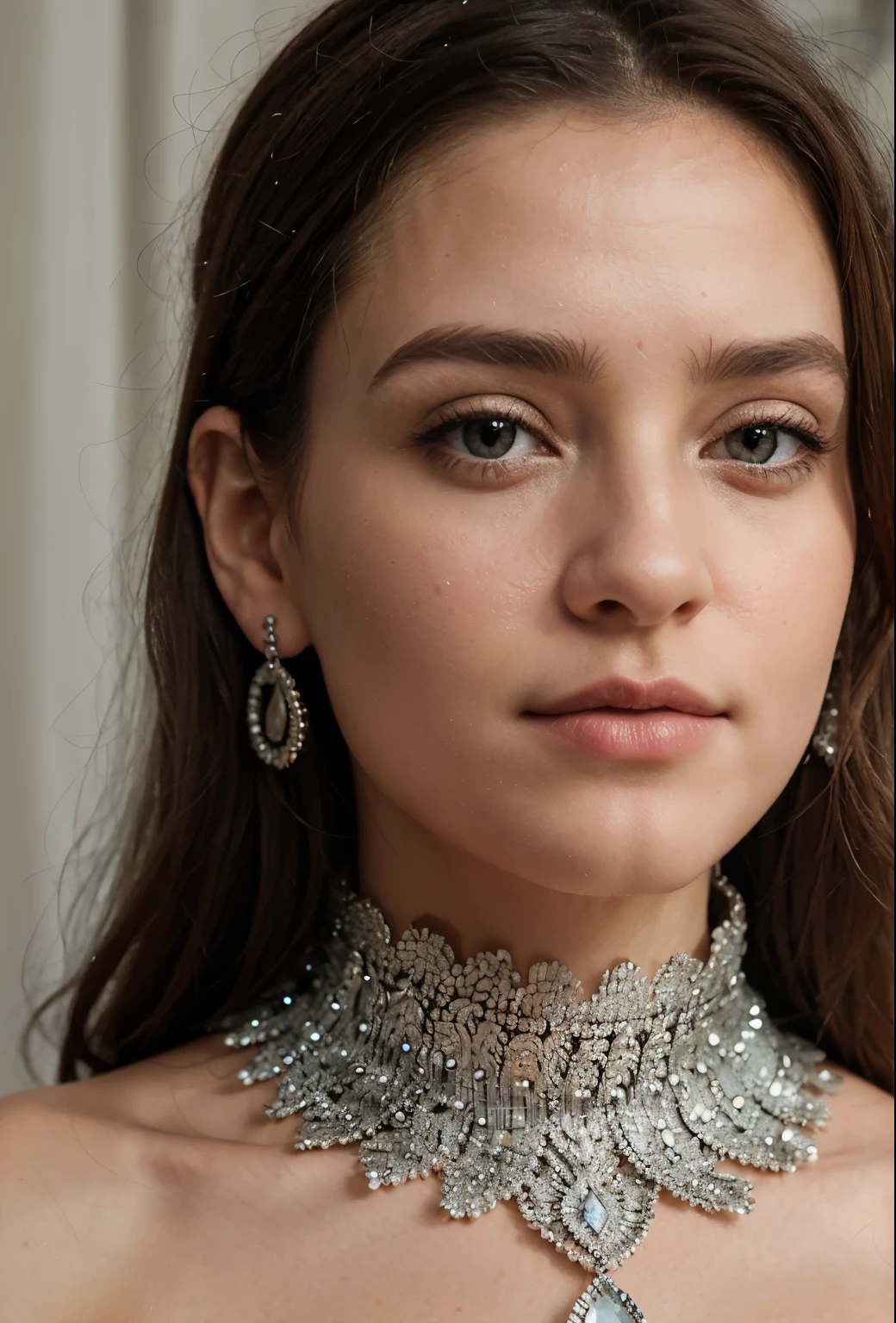 (chef-d'artwork, best quality), intricate details, realistic, photorealistic, a close up of a woman wearing boucle d'oreilles, inspired by Emma Andijewska, draped with crystals, couleur argent, long boucle d'oreilles, Sandra Chevier, huge boucle d'oreilles, 2019, aux yeux vert, bijoux en platine, boucle d'oreille, structure impeccable, silver boucle d'oreille,