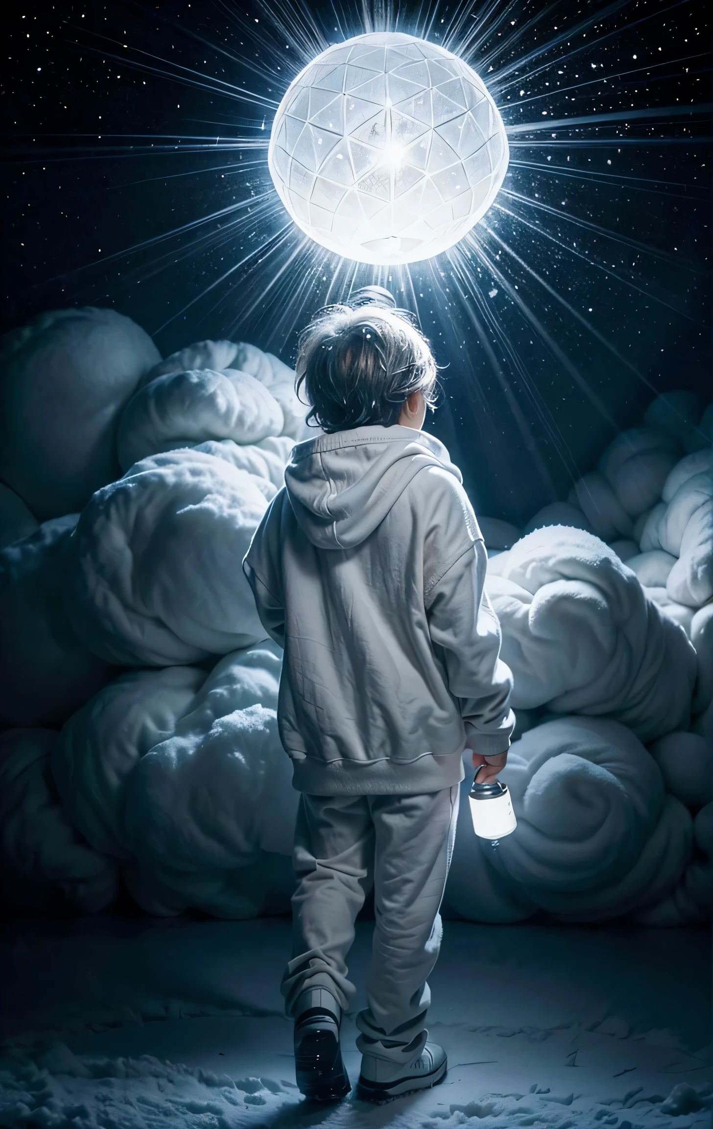 little boy wearing white sweatshirt,carry a light,polish his hair,surrounded by dreamy clouds,also illuminated,The majesty of winter snow, sparkling on fluffy clouds,Rear view,lantern,diffuse reflection