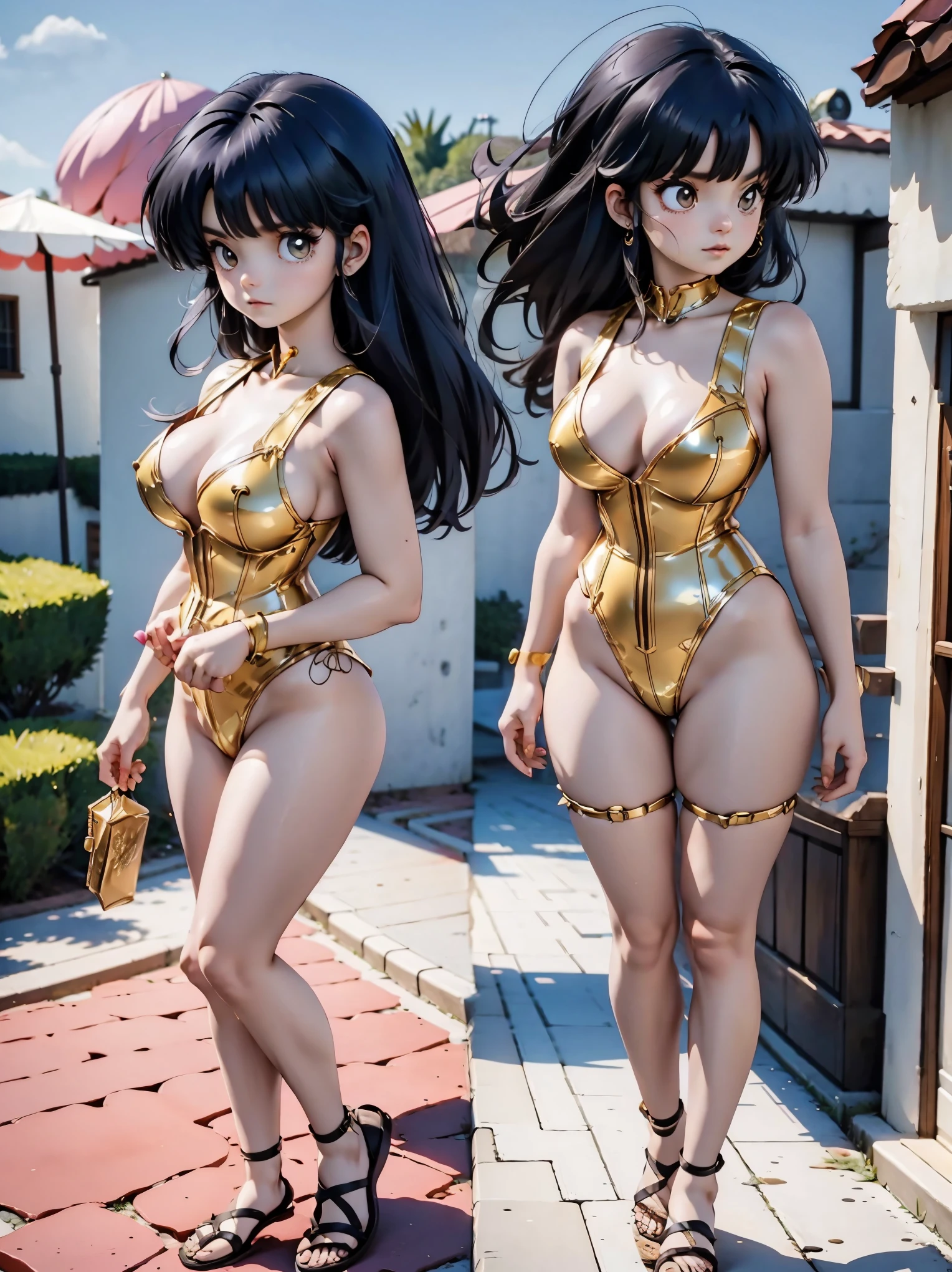 Anime girl with dark bluish hair in bermuda de latex and a latex corset, , beautiful body, big breasts, with her hands on her waist, hands in her hair, Sexy girl, bluish hair, side strands of hair with a pink bow, strands of hair with a bow on the side of the face, beautiful lighting, soft shadows, brown eyes, beautiful toned legs, short hair, anime style, hand on the waist, hand in the hair, character Akane Tendo, Author Rumiko Takahashi, Based on a work by Rumiko Takahashi, Anime Ranma 1 / 2, sexy cleavage, robust hips, full body, full body, big bust, young girl with nice and beautiful body, sandals on her feet, girl 16 years young, wearing bermuda latex and latex corset, anime girl, anime style, beautiful feet in sandals, 45° viewing angle, outdoors, big breast, beautiful breasts, black hair, sandals on feet, beautiful legs, sexy, beautiful legs, Sandals, big breasts, full body, full body, feet with sandals, big bust