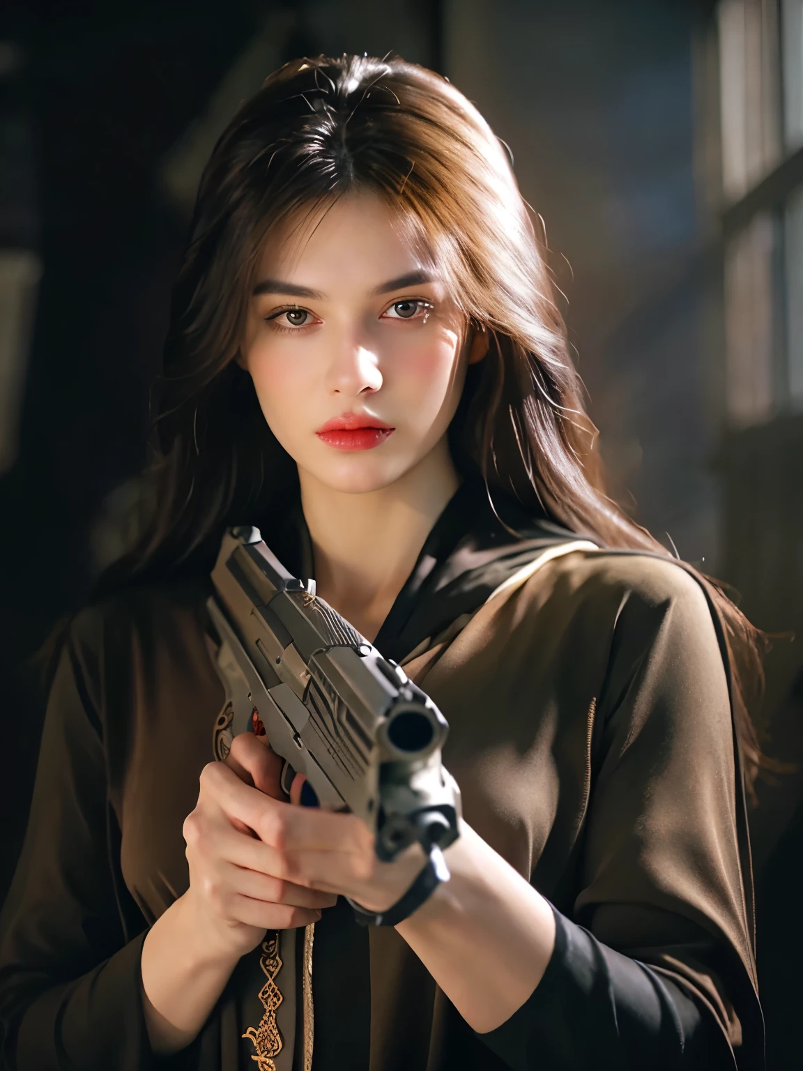 Hyperrealist photorealistic of female by david hockney and alphonse mucha,fantasy art, photo realistic, dynamic lighting, artstation, poster, volumetric lighting, very detailed faces, 4 k, award winning,, 1girl, in the dark, deep shadow, low key,cowboy shot,(official clothing:1.4) ,holding a gun,long hair,white hair,