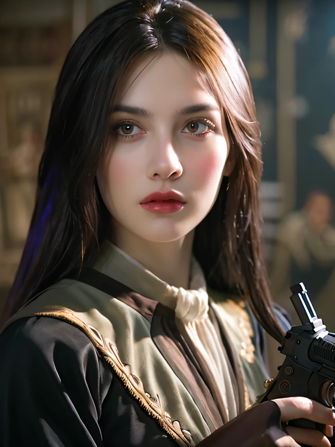 Hyperrealist photorealistic of female by david hockney and alphonse mucha,fantasy art, photo realistic, dynamic lighting, artstation, poster, volumetric lighting, very detailed faces, 4 k, award winning,, 1girl, in the dark, deep shadow, low key,cowboy shot,(official clothing:1.4) ,holding a gun,long hair,white hair,