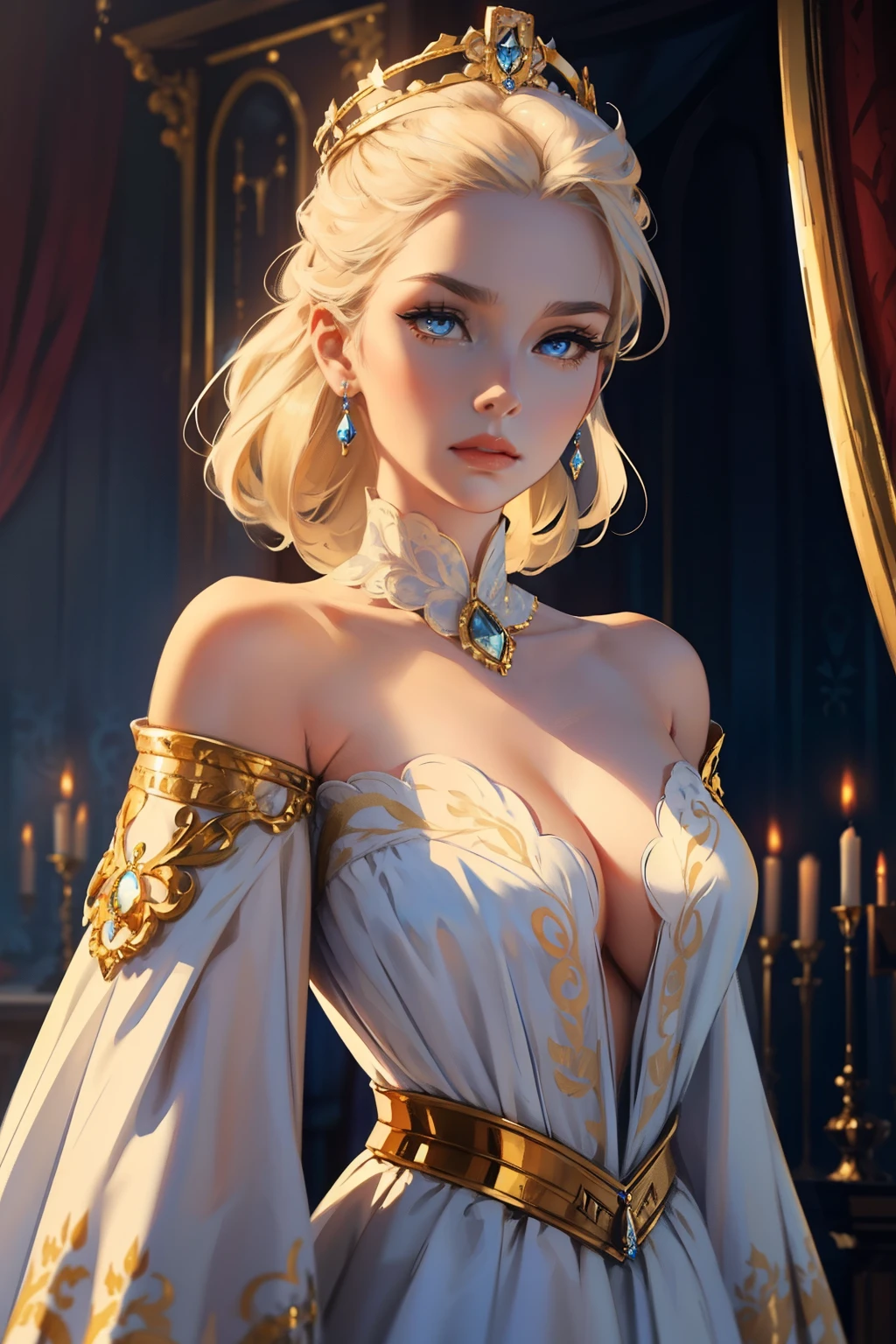 Fantasy, 19th century, empress, woman, delicate face, with pale blonde hair, coiffed hair, blue eyes, in a white royal dress with open shoulders, gold patterns on fabric, with a scarlet ribbon over the shoulder with the regalia of the monarch, hd