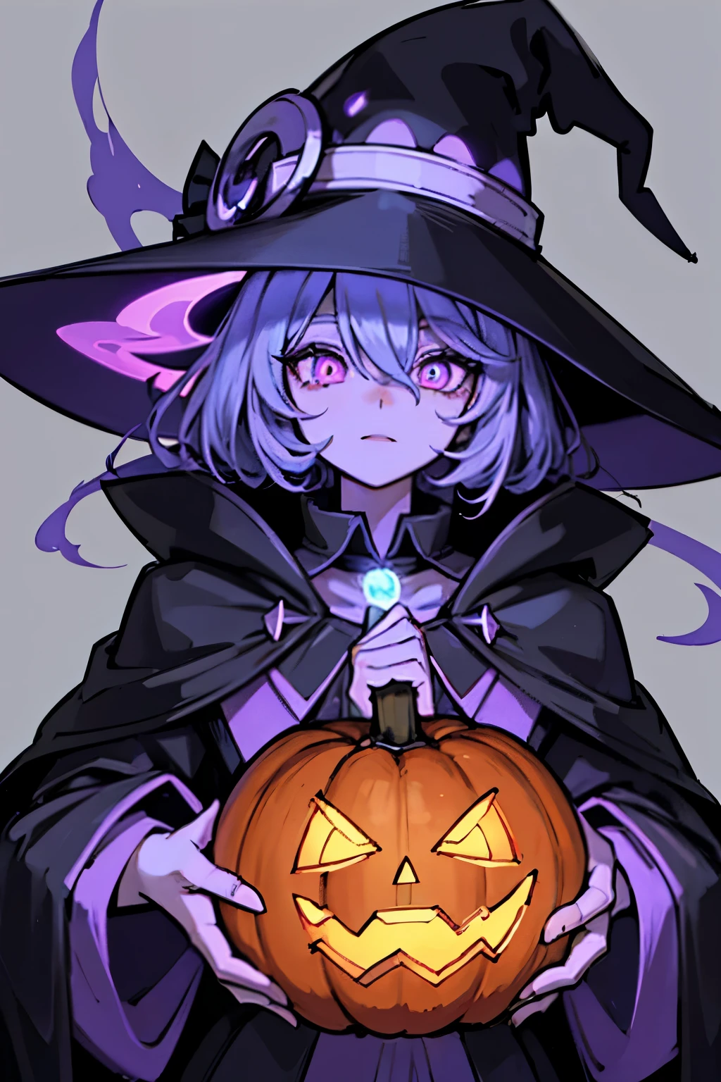 A mage with a big brimmed hat and their collar covering their face except for their glowing eyes, solid color eyes, glowing, spirits, halloween!