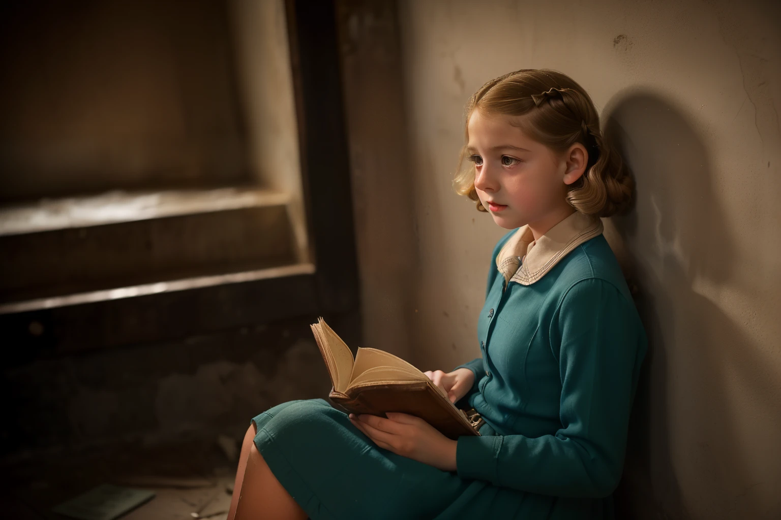 Molching, Germany, 1942. ((((13-year-old)) Liesel Meminger)), very thin, kind, big-hearted, dangerous dark eyes, sitting in a scary basement, reading a book, ((((fear expression)))). ((((casual poor girl clothings from the 1940s)))), ((dark-blond hairstyle of the 1940s))