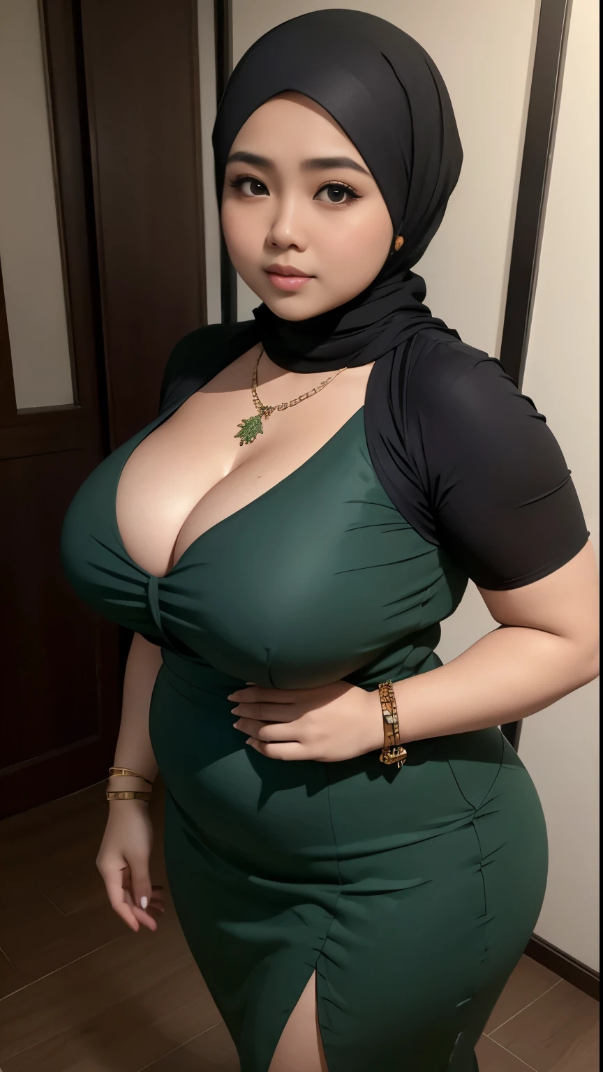 1 malay girl, modern plain hijab, shy, medium portrait, watery eyes, wearing dark green kebaya, ((big breasts)), black bokeh background, well-proportioned body,, chubby massive thighs, full body pose, wearing a necklace , wearing 10 bracelet , wearing a sneaker