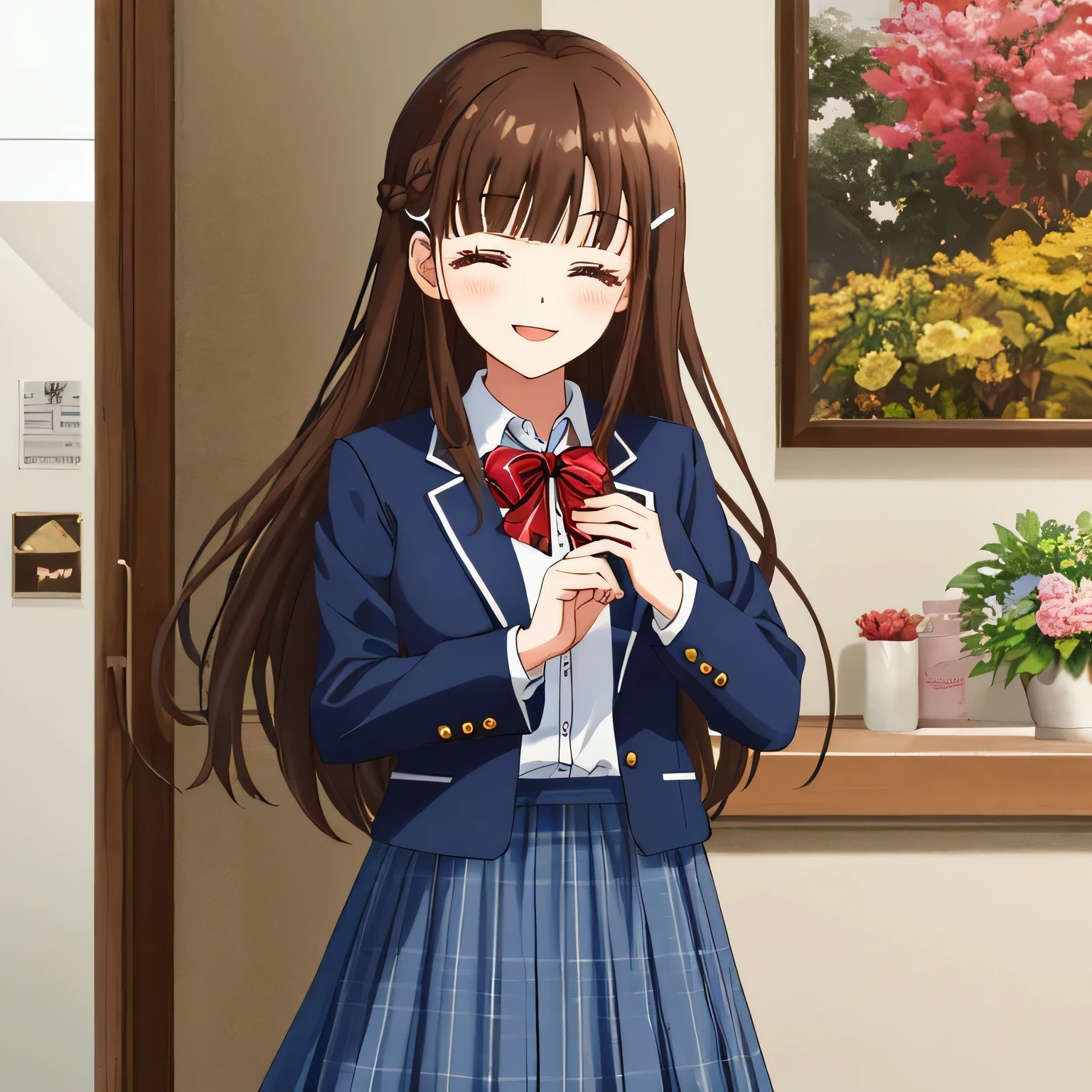 highest quality, (masterpiece:1.2), very detailed, girl１person&#39;s standing, Glossy lips that make you want to kiss, nice smile, brown eyes, (((very long dark brown hair))), , big shiny hair clip, school uniform, Dark blue and navy plaid skirt, middle long skirt, white shirt, A luxurious navy blazer with a golden emblem on the left chest, A large shiny school ribbon tie in navy blue., very shiny hair、laughter、bright look、The light makes my face and hair shine, I&#39;m so happy that I close my eyes and jump up., The expression of a maiden in love, The long skirt fabric has a beautiful deep blue checkered pattern., cute expression, double eyelid, ((long eyelashes)), ((Long lower eyelashes too)), pure white background