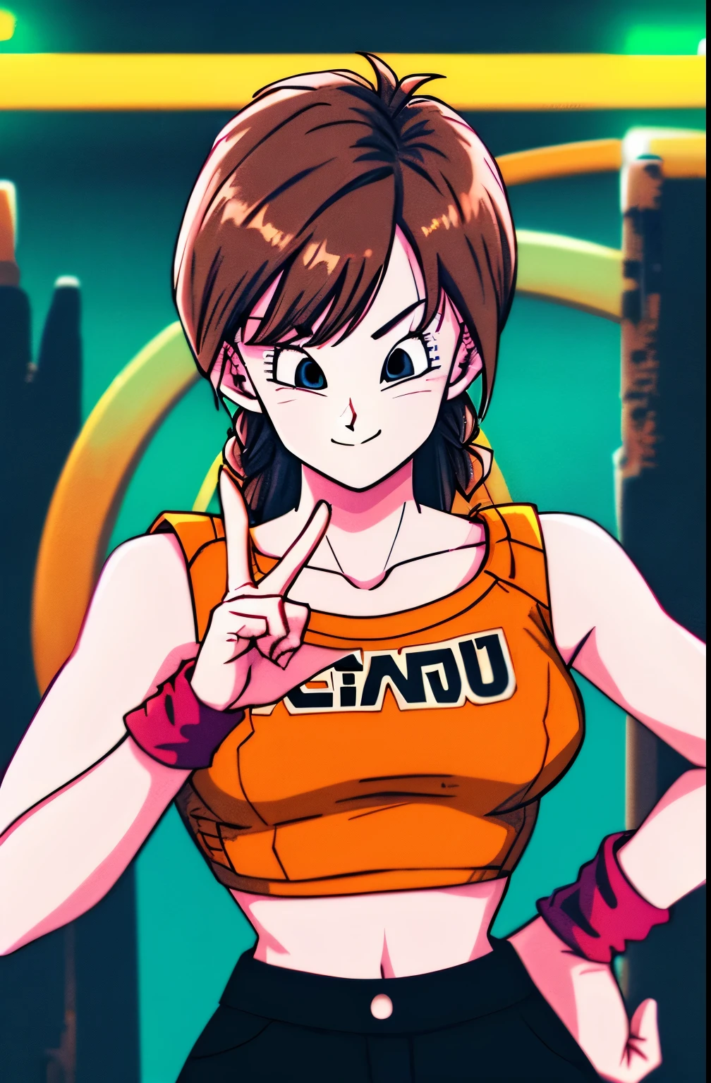 masterpiece, best quality, highres, dragon ball, blmmid, ((brown hair)), crazy hair tied in a braid, crazy bangs, medium breasts, orange shirt, black pants, cowboy shot, in a Cyberpunk city, bustling with neon signs, standing, upper body, ((midriff)), saying goodbye with the hand pose, happy face, smile.