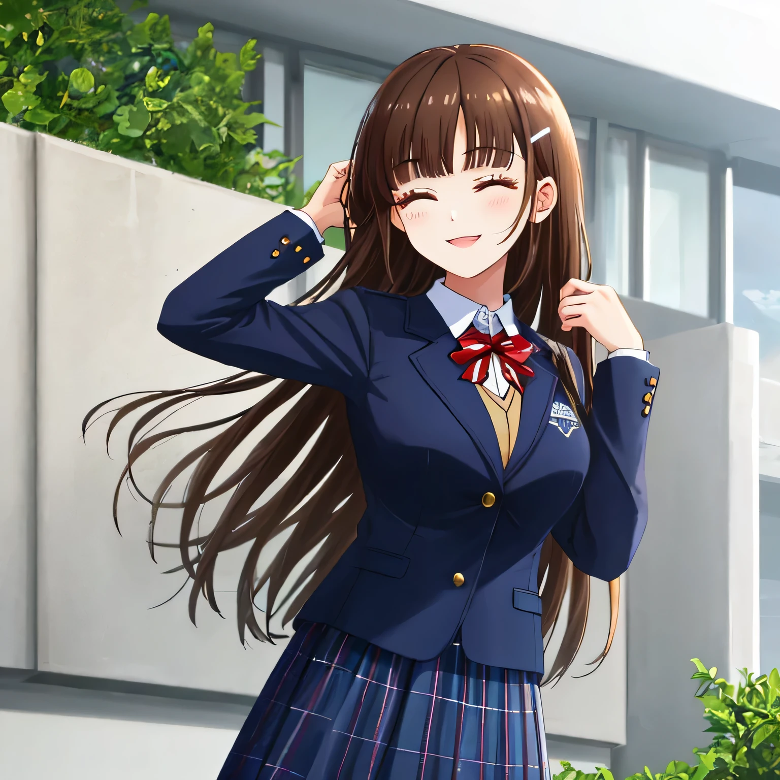 highest quality, (masterpiece:1.2), very detailed, girl１person&#39;s standing, Glossy lips that make you want to kiss, nice smile, brown eyes, (((very long dark brown hair))), , big shiny hair clip, school uniform, Dark blue and navy plaid skirt, middle long skirt, white shirt, A luxurious navy blazer with a golden emblem on the left chest, A large shiny school ribbon tie in navy blue., very shiny hair、laughter、bright look、The light makes my face and hair shine, I&#39;m so happy that I close my eyes and jump up., The expression of a maiden in love, The long skirt fabric has a beautiful deep blue checkered pattern., cute expression, double eyelid, ((long eyelashes)), ((Long lower eyelashes too)), pure white background