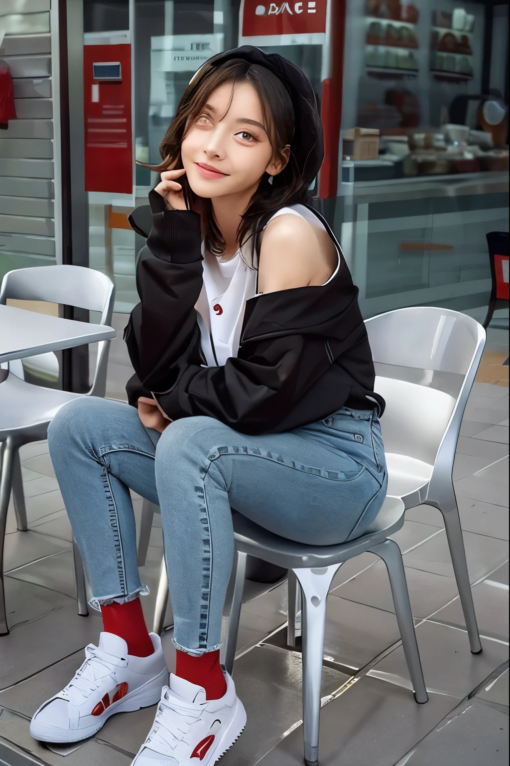 beautiful detailed eyes、delicate beautiful face,、hoodie、skinny denim、sneakers、wearing socks、socks slightly visible through shoes、black hair、hat、refreshing smile、smile showing teeth、full body photo、