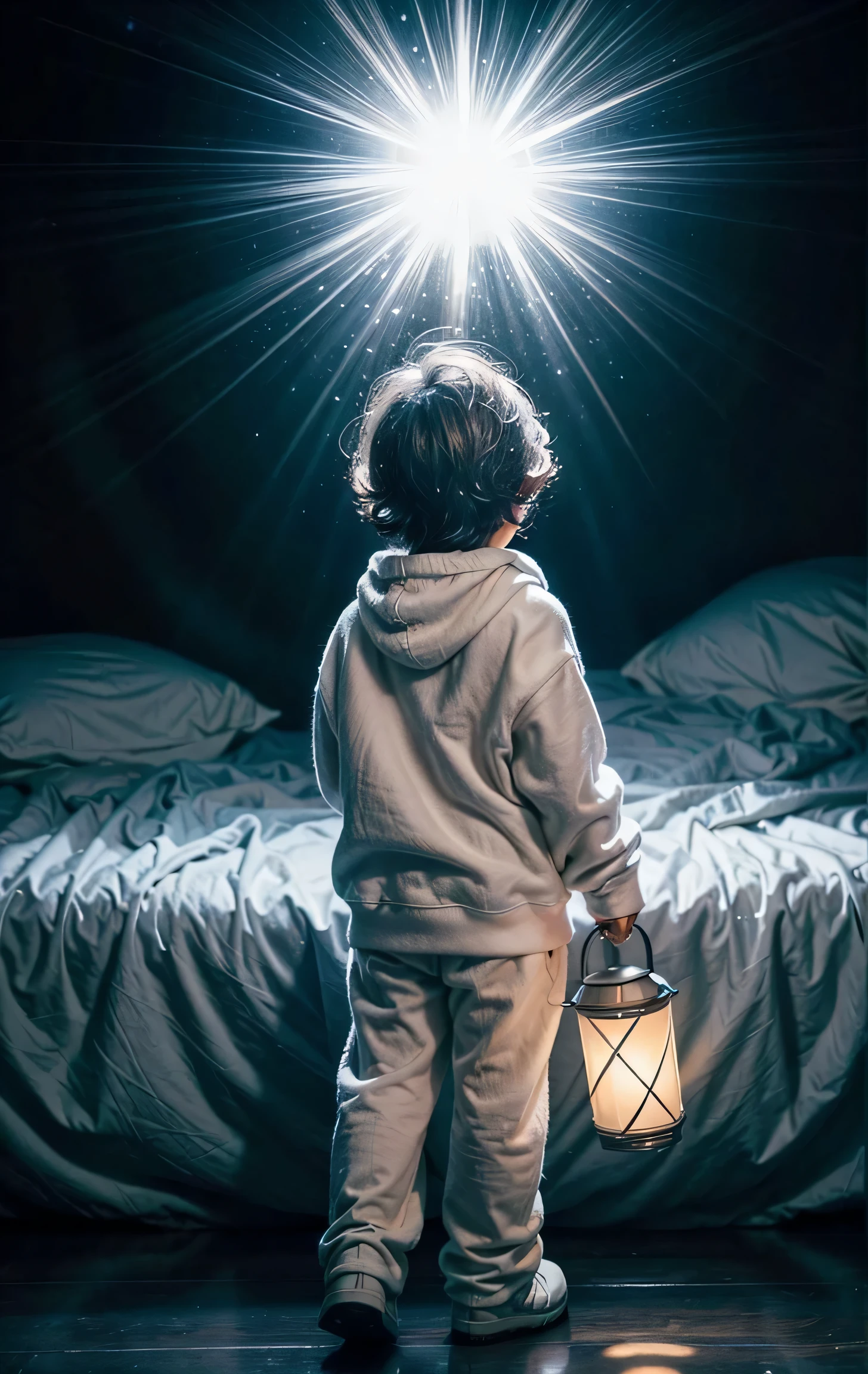 wearing white sweatshirt,carry a light,polish his hair,surrounded by dreamy clouds,also illuminated,The majesty of winter snow, sparkling on fluffy clouds,Rear view,lantern,diffuse reflection