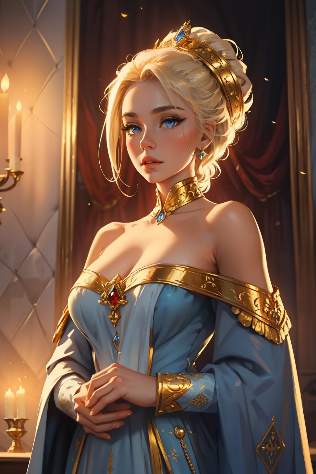 Fantasy, 19th century, empress, woman, delicate face, with pale blonde hair, coiffed hair, blue eyes, in a white royal dress with open shoulders, gold patterns on fabric, with a scarlet ribbon over the shoulder with the regalia of the monarch, hd