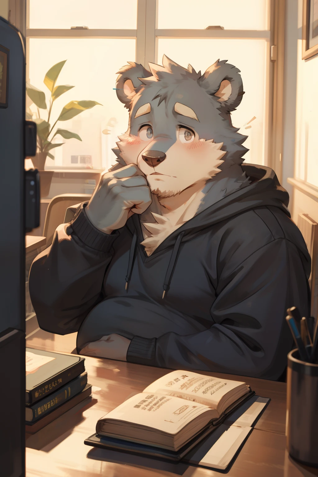 Gray Bear Man, hoodie, social fear, In the dormitory, Looking shyly at the camera, male, blush, Slightly fat, individual