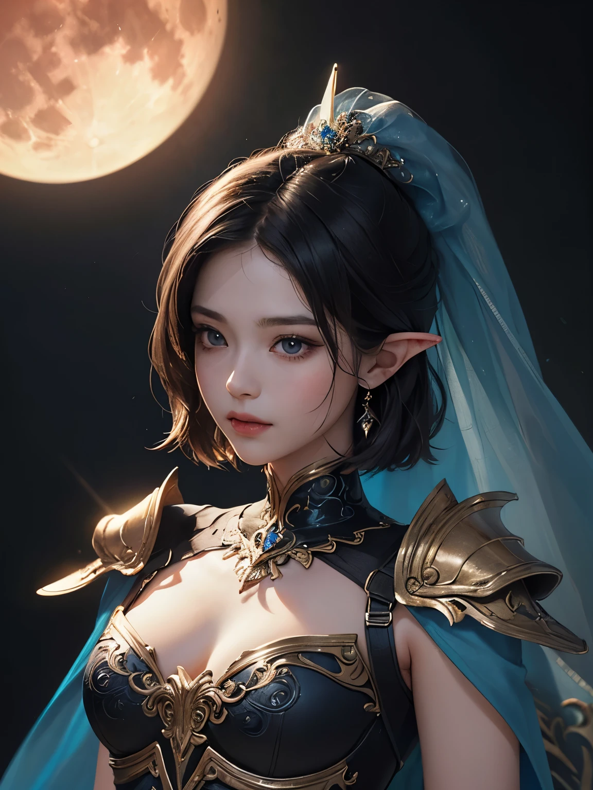 (((Best Quality))), ((Ultra-detailed)), (extremely detailed photo), ((extremely delicate and beautiful)),(Cute delicate face), ((masterpiece)), perfect anatomy, intricate, (highly detailed), masterpiece, photorealistic, (A 20 years old dignified girl),(blue and black sexy armor), (Background of Hyrule Castle on a Crimson full moon night),(holding Link's Master Sword),tall girl,black hair,alone,short hair, double eyelid,delicate skin,slender body shape