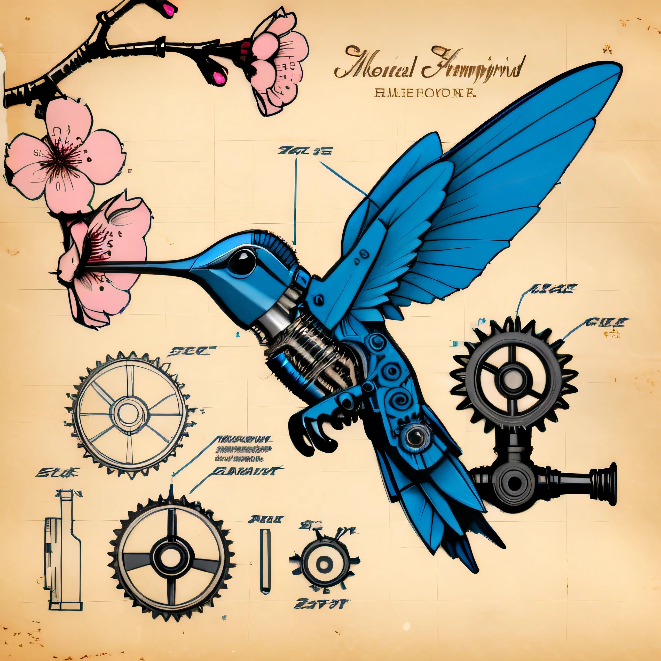 technical drawing of a mechanical hummingbird, exploded view, labeled gears, clockwork components, weathered blueprint paper, vintage scientific illustration, cherry blossom branch silhouette