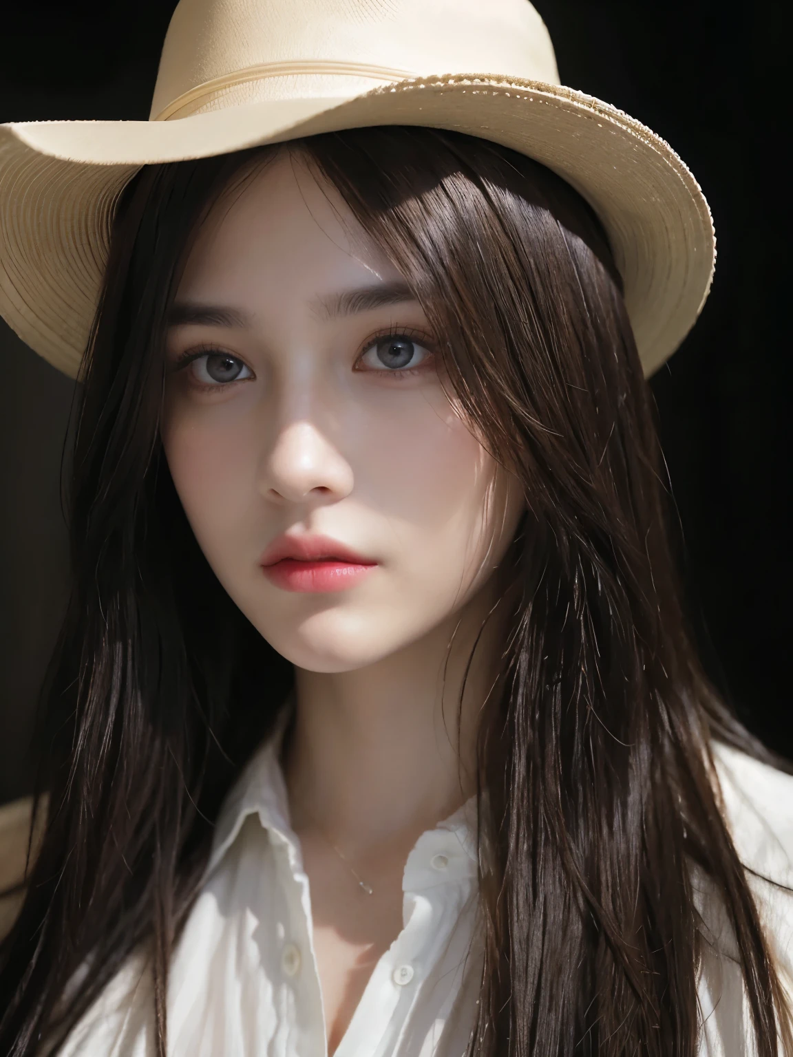 Hyperrealist portrait of female by david hockney and alphonse mucha,fantasy art, photo realistic, dynamic lighting, artstation, poster, volumetric lighting, very detailed faces, 4 k, award winning,, 1girl, in the dark, deep shadow, low key,cowboy shot,(official clothing:1.4) ,long hair,white hair,