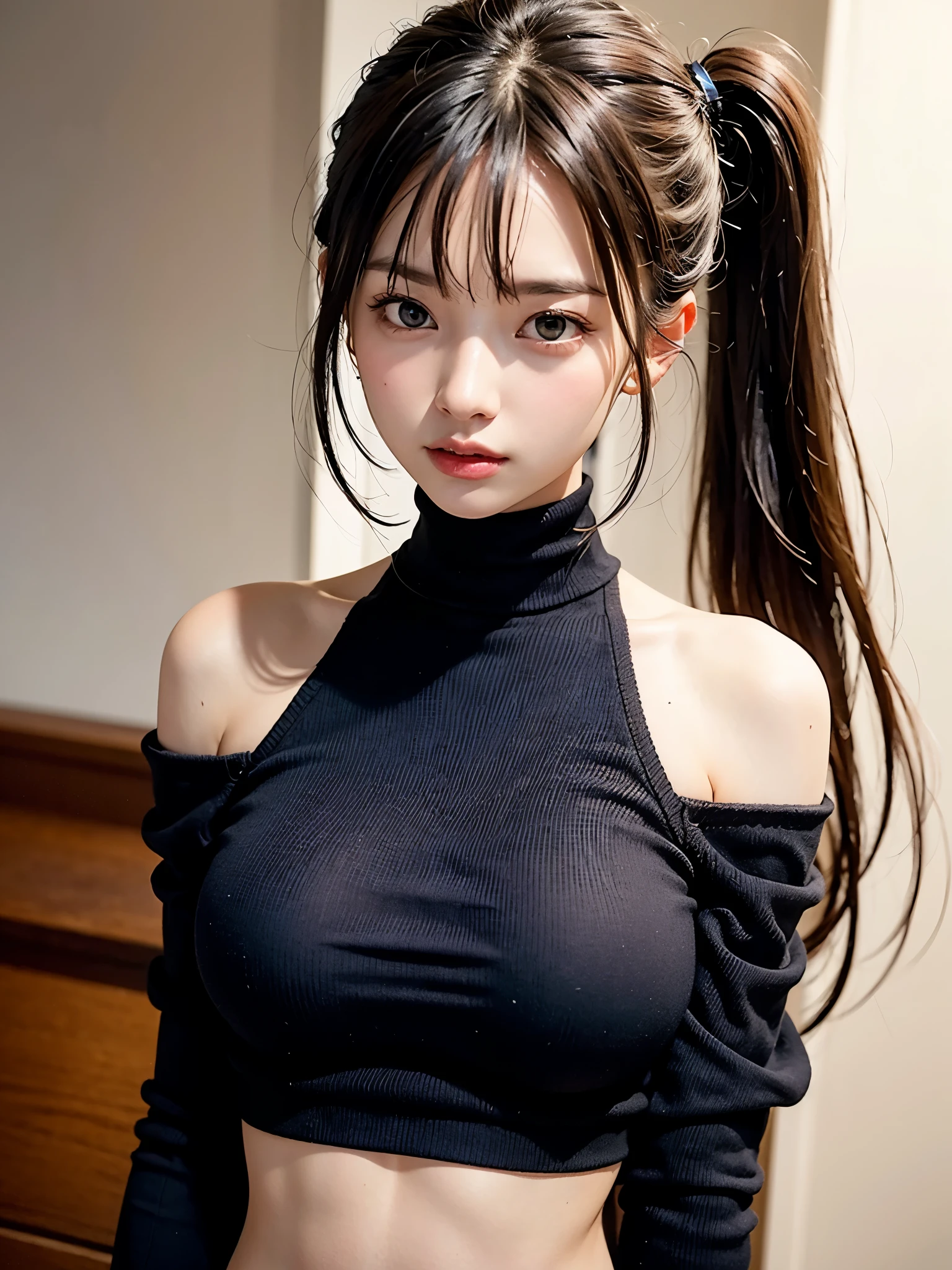 (Extremely detailed CG unified 8k wallpaper), The most beautiful works of art in the world, 1 girl, Upper body,kpop idol, Big breasts:1.4, saggy breasts:1.3, (overszed sweater, off shoulders), (high ponytail, long hair), split bangs