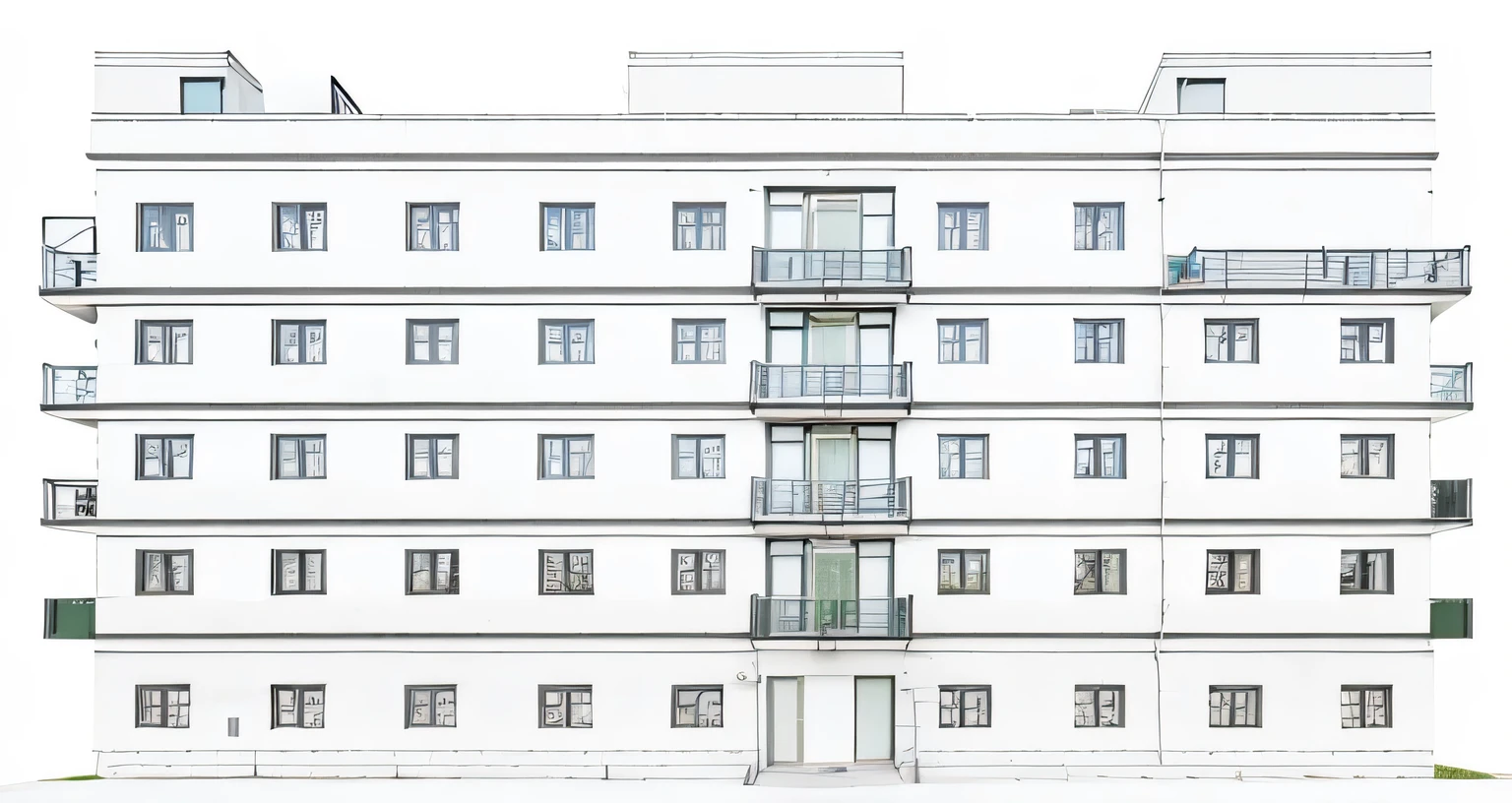 Create an image of&#39;a 5-story reinforced concrete house, garde-corps en acier enduit de poudre, fenêtres en aluminium et en verre, peinture murale blanche, outdoor space, surrounded by adjacent houses, avec des sentiers verts autour