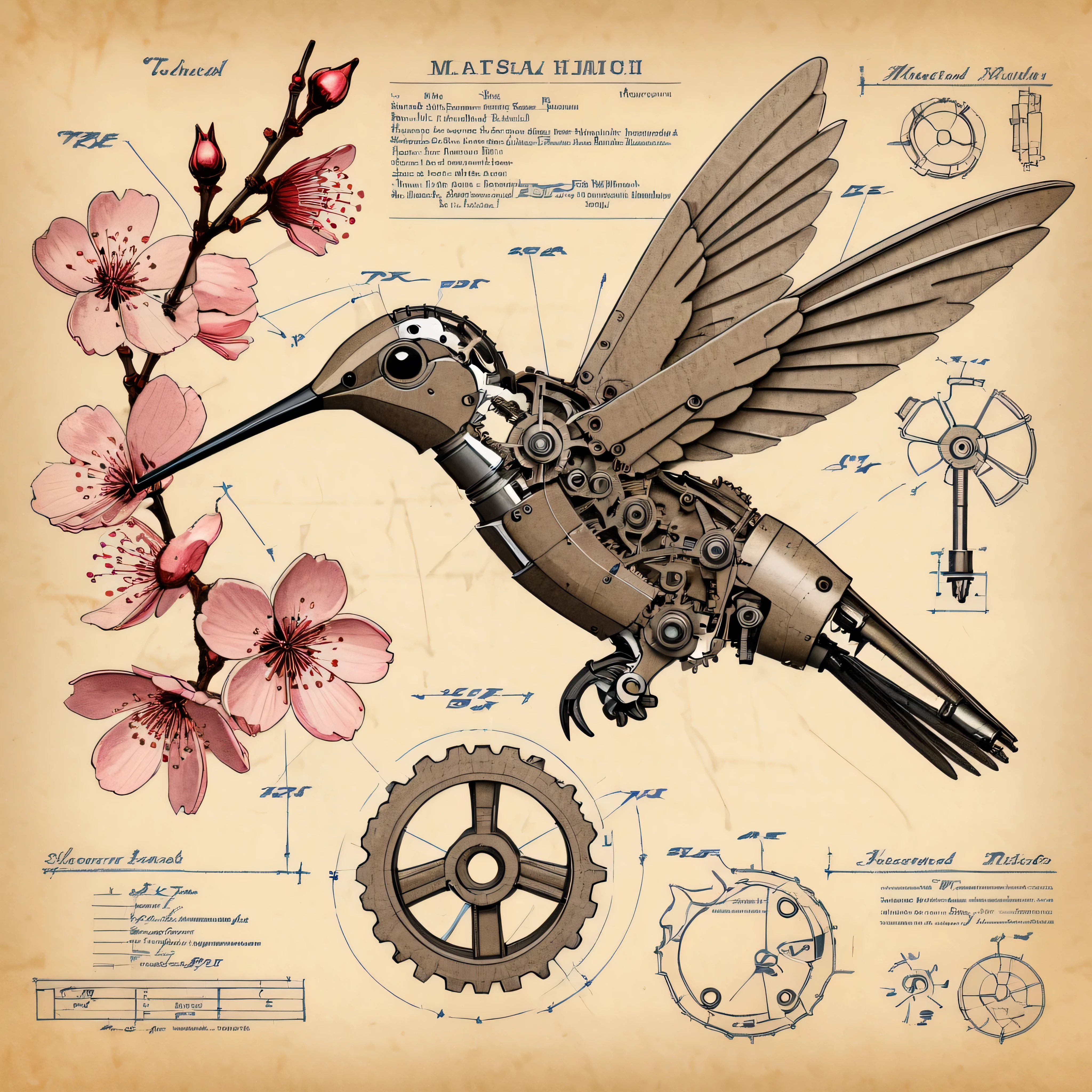 technical drawing of a mechanical "hummingbird", exploded view, labeled gears, clockwork components, weathered blueprint paper, vintage scientific illustration, ((cherry blossom branch silhouette))