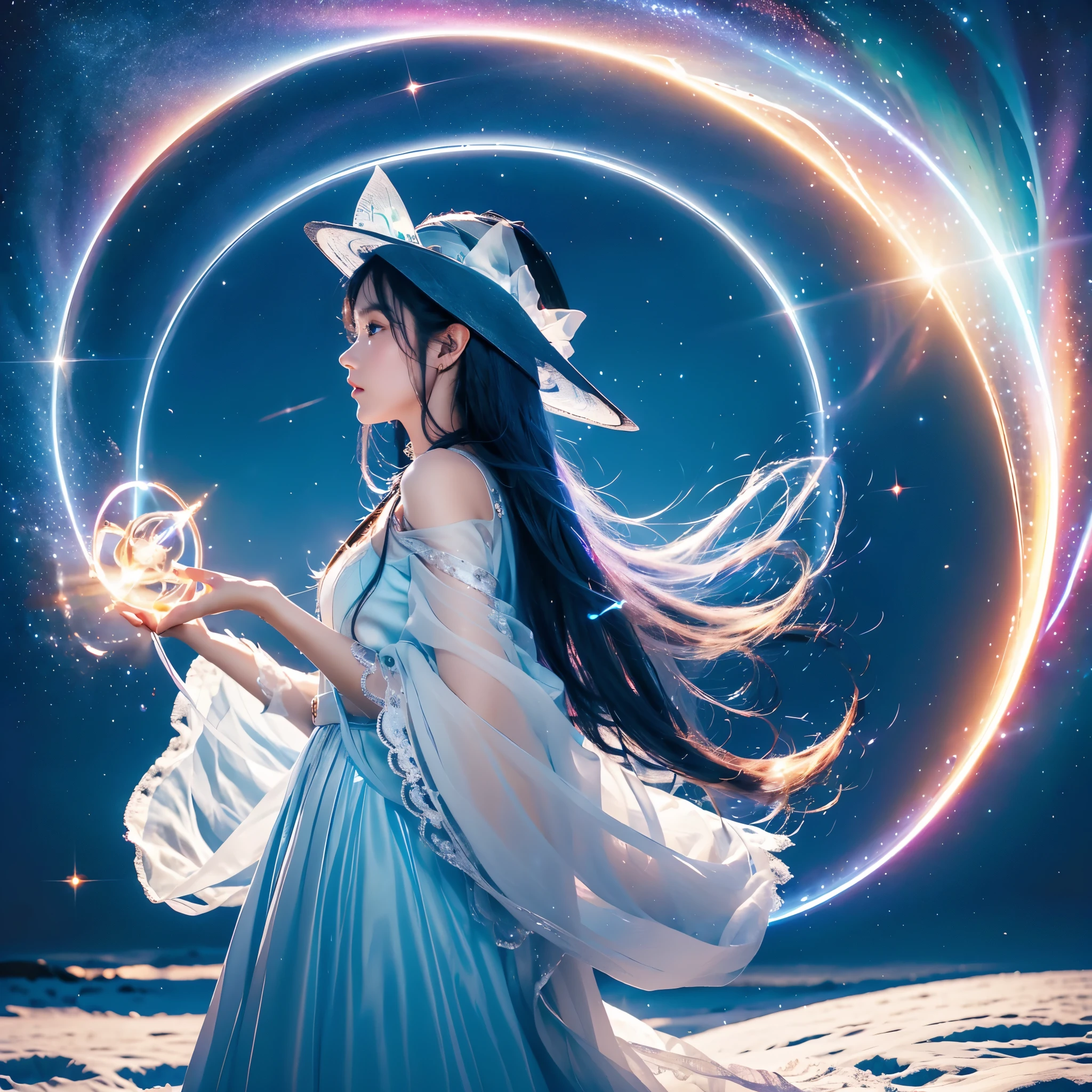 best quality,masterpiece,16k,1girl,aurora,blue eyes,blue hair,constellation,constellation print,diffraction spikes,dress,earrings,earth \(planet\),fireworks,galaxy,glint,hat,jewelry,light particles,light rays,light trail,long hair,Energy circle,Magic Formation,Concentric circle,long sleeves,magic,magic circle,milky way,night,night sky,planet,shooting star,sky,solo,space,sparkle,sparkle background,star \(sky\),star \(symbol\),starry background,starry sky,starry sky print,very long hair,wings