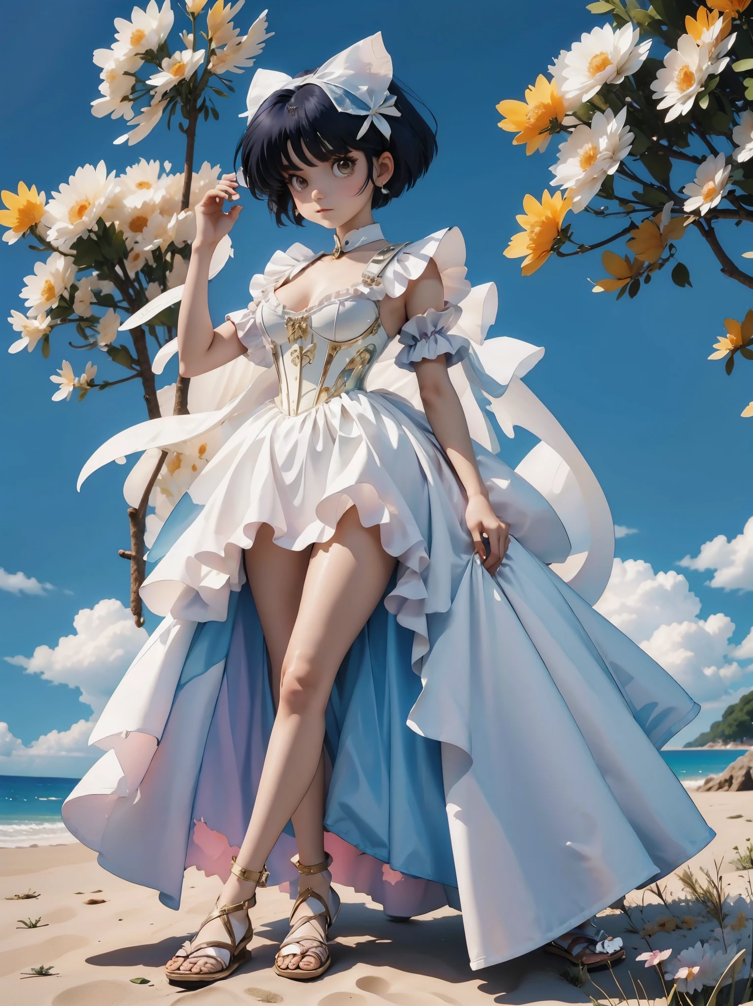 Anime girl with dark bluish hair in bermuda de latex and a latex corset, , beautiful body, big breasts, with her hands on her waist, hands in her hair, Sexy girl, bluish hair, side strands of hair with a pink bow, strands of hair with a bow on the side of the face, beautiful lighting, soft shadows, brown eyes, beautiful toned legs, short hair, anime style, hand on the waist, hand in the hair, character Akane Tendo, Author Rumiko Takahashi, Based on a work by Rumiko Takahashi, Anime Ranma 1 / 2, sexy cleavage, robust hips, full body, full body, big bust, young girl with nice and beautiful body, sandals on her feet, girl 16 years yourmuda latex and latex corset, anime girl, anime style, beautiful feet in sandals, outdoors, big breast, beautiful breasts, black hair, sandals on feet, beautiful legs, sexy, beautiful legs, Sandals, big breasts, full body, full body, feet with sandals, big bust