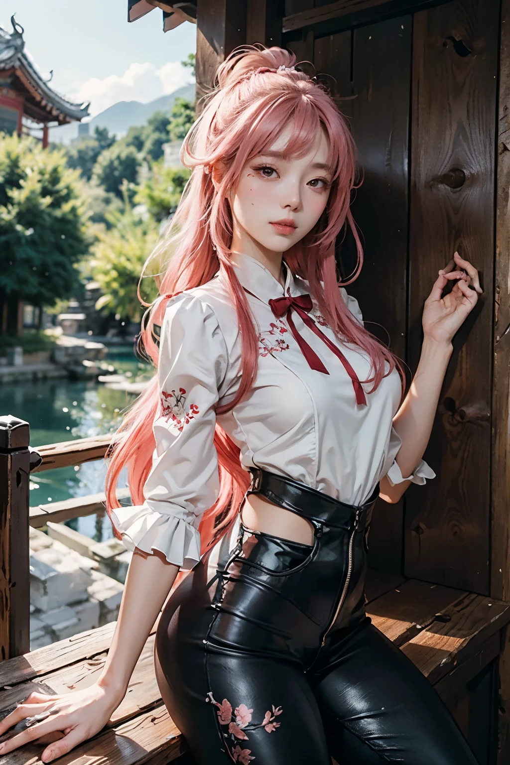 sfw, (sleeves rolled up), (masutepiece) (8K High Resolution) (top-quality) (ultra-definition) (A hyper-realistic) (Beautiful One Girl) (Raw photography) (Photorealsitic) (ighly detailed) (Photographed by a professional photographer) (The most beautiful face) (Perfect body) (Face and body without defects) (Detailed beautiful white skin) (Five Fingers) (9th class) (sixteen years old) (japanes) (FULL BODYSHOT)}} (Loose blouse) (Plaid miniskirt) (Walking in the city) (Very beautiful long legs) (Long pink hair) (Distract your gaze) (Very beautiful long eyes) (Very Beautiful Japan Beautiful Girl) (Very beautiful well-groomed face) (Beautiful high nose) (Very cute red lips) (Beautiful thin eyebrows) (Beautiful double eyelids) (Canon F/1.8 500 mm) (blured background) (Thigh stockings) (Cute boots) (Beautiful silver earrings) (Entire screen subject) (a smile), wearing bra,((skinny waist)), young asian girl, ((big breasted)),