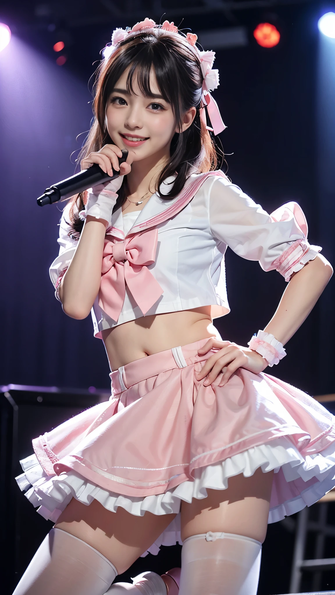 (RAW photo、highest quality)、(realistic、Photoreal:1.3)、highest quality、masterpiece、very delicate and beautiful、A hvery detailed、nffsw、sense of oneness、2k wallpaper、growing up、Beautiful in every detail、masterpiece、light smile、highest quality、Hvery detailed ticker Unity 8K wallpapers、huge file size、Super detailed、High resolution、very detailed、((Euphoric look))、((orgasm:1.2))、((smile:1.15))、((sweating:1.4))、((translucent:1.55、Sailor suit-style body S-suits with a collar that sticks to your skin for a beautiful silhouette..:1.6))、Pink and orange、ribbon、Sailor Hut、double ruffle garter、super cute girl、10th generation、Part of an idol group、(((At concerts「ザ☆ピ〜S!」dancing)))、(spread your legs wide), (Pull your hips back), (Arch the upper body), and place your left hand on your hip.、Right hand salutes with two fingers、Hair is moving、Concert lighting sets the mood、S spotlight、professional lighting、cinematic light、Three-dimensional、Viewer's perspective、
