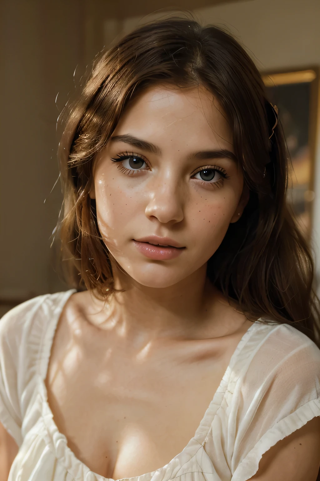 Title: "Ethereal Melancholy: A Nostalgic Portrait"

Prompt:
"Craft a mesmerizing high-quality portrait image in stunning 16K UHD resolution, capturing the timeless beauty of a female model in her 20s. With a nostalgic theme in mind, evoke a sense of melancholy and longing in the viewer's heart.

Focus on the model's captivating blue eyes, infusing them with depth and emotion that draw the viewer into the image. Ensure her sharp nose adds to her allure, enhancing the elegance of her facial features. With Spanish descent, her complexion exudes warmth and richness, complemented by yellowish red hair cascading in gentle waves.

Incorporate delicate freckles across her cheeks, adding a touch of innocence and whimsy to her appearance. Dress her in attire that reflects the nostalgic theme, whether it be vintage-inspired clothing or a modern twist on classic styles.

Utilize advanced rendering techniques to achieve unparalleled realism, with lifelike skin textures and subtle facial expressions that convey the model's inner turmoil. Set the scene against a backdrop that enhances the nostalgic atmosphere, such as an old-fashioned room or a sunlit meadow bathed in golden light.

This portrait image should serve as a timeless masterpiece, capturing the essence of ethereal melancholy and leaving a lasting impression on all who behold it."