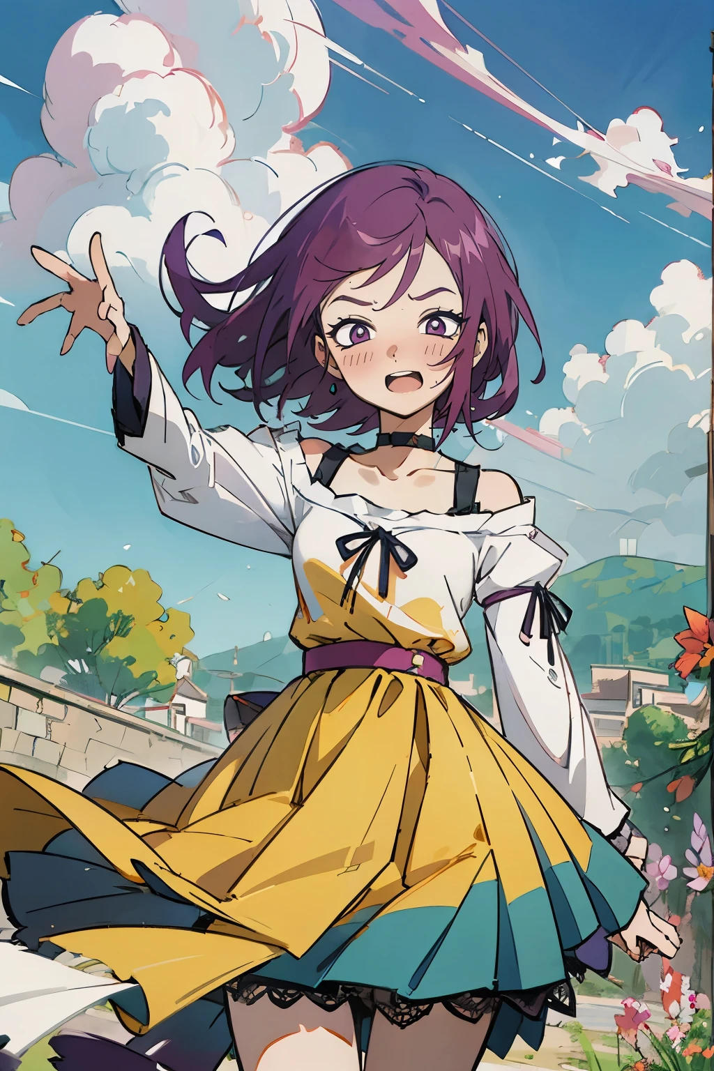 Kisho, jigokuraku, 1 girl, reddish Purple hair, Purple eyes, showa town, Ruins, Bang, Beautiful sky, shining sky, Sunshine, Smiling, Waving, Black Belts, black choker, Dresses that blow the wind, black Lace dress, wool sweaters, Off-shoulder sleeves