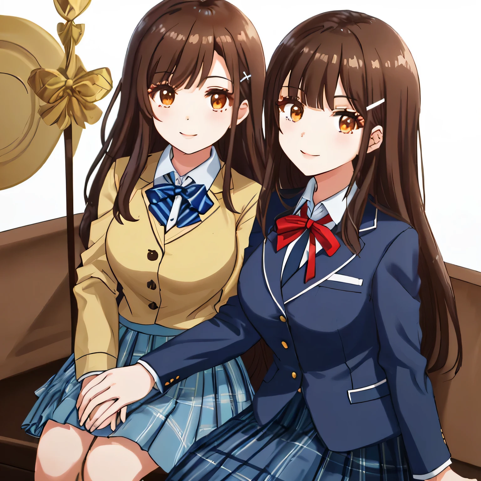 highest quality, (masterpiece:1.2), very detailed, Two girls standing looking at the viewer, Glossy lips that make you want to kiss, nice smile, brown eyes, (((very long dark brown hair))), , big shiny hair clip, school uniform, Dark blue and navy plaid skirt, middle long skirt, white shirt, A luxurious navy blazer with a golden emblem on the left chest, ((A large shiny school ribbon tie in navy blue.)), very shiny hair、laughter、bright look、The light makes my face and hair shine, I'm so happy I can jump up, The expression of a maiden in love, The long skirt fabric has a beautiful deep blue checkered pattern., cute expression, double eyelid, ((long eyelashes)), ((Long lower eyelashes too)), pure white background, Sit down2A person is sucking on a big stick