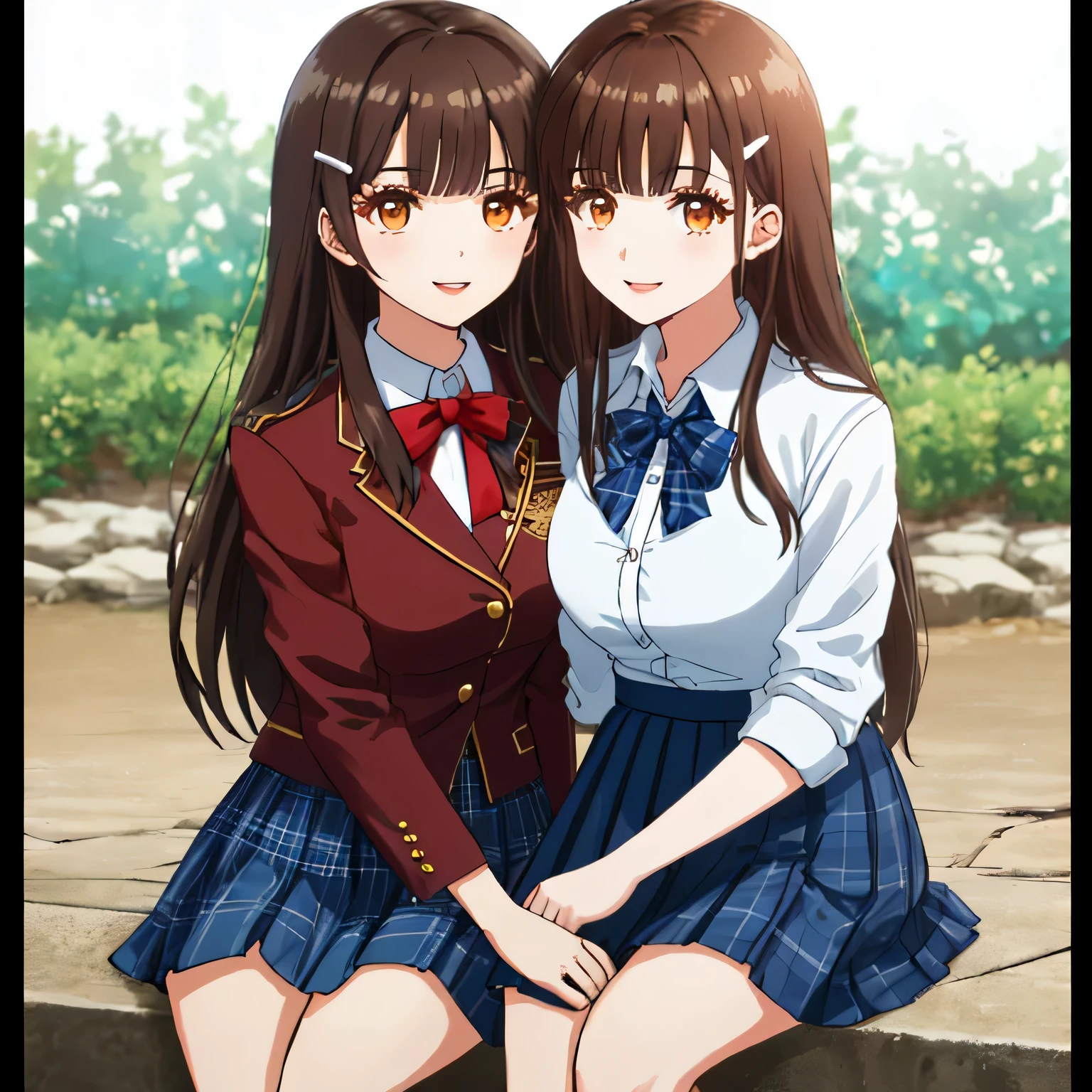 highest quality, (masterpiece:1.2), very detailed, Two girls standing looking at the viewer, Glossy lips that make you want to kiss, nice smile, brown eyes, (((very long dark brown hair))), , big shiny hair clip, school uniform, Dark blue and navy plaid skirt, middle long skirt, white shirt, A luxurious navy blazer with a golden emblem on the left chest, ((A large shiny school ribbon tie in navy blue.)), very shiny hair、laughter、bright look、The light makes my face and hair shine, I&#39;m so happy I can jump up, The expression of a maiden in love, The long skirt fabric has a beautiful deep blue checkered pattern., cute expression, double eyelid, ((long eyelashes)), ((Long lower eyelashes too)), pure white background, Sit down２A person is sucking on a big stick