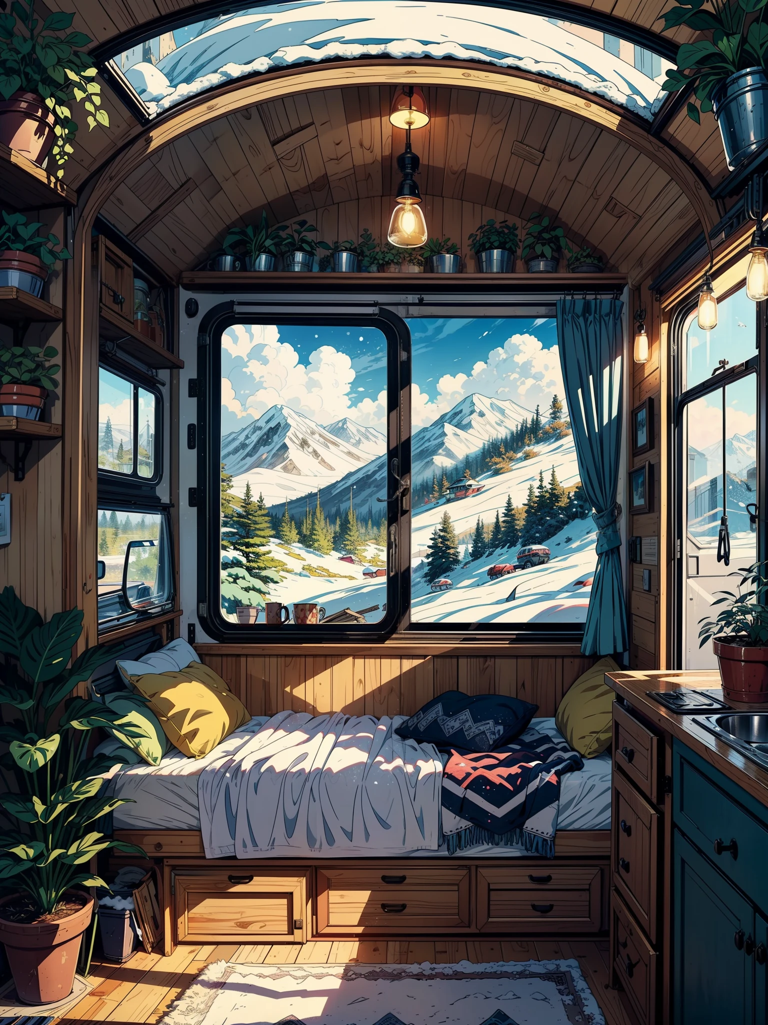 (masterpiece:1), (full anime view:1.5), (Inside a cozy camper van nestled amidst rolling hills:1.6), (Earthy tones adorn the interior:1.3), silence, ( large window frames a breathtaking view of the snow mountains landscape outside:1.4), magnificent sky, (Dim volumetric light:1.4), peaceful, (beautiful sky), (windy atmosphere :1.4), (plants pots eith tropical plants: 1.4), (beautiful aesthetics:1.2), (curtains:1.2), beautiful tones, subtle colors, peaceful, (illustration: 1.0), epic composition, realistic lighting, HD details, masterpiece, best quality, ,