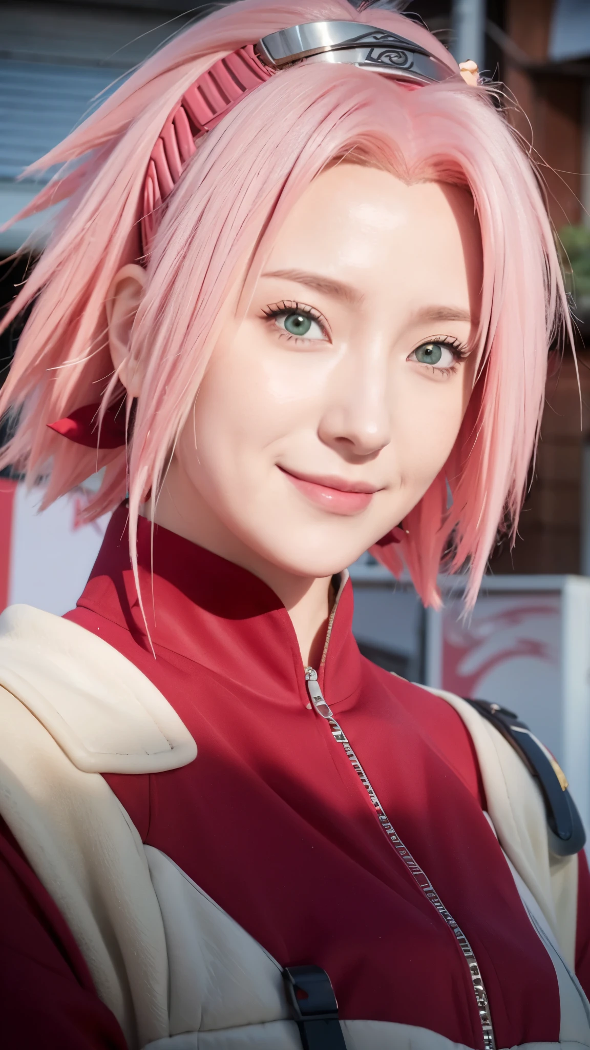 1female, haruno sakura in anime naruto shippuden, short hair , pink hair, green eyes, smile, beautiful, red clothes, realistic clothes, detail clothes, city background, ultra detail, realistic